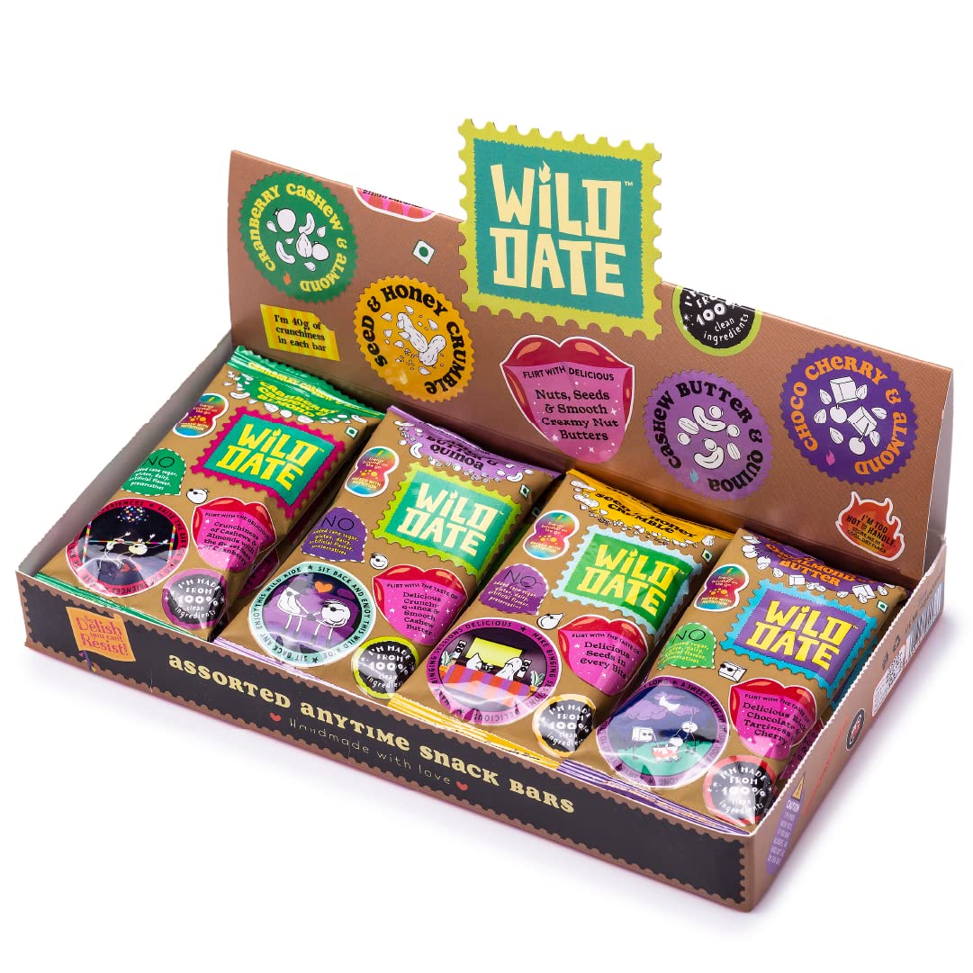 WILD DATE - Assorted Snack Bar Box | 4 Variants Available- Seed & Honey Crumble, Cashew Butter & Quinoa, Cranberry Cashew & Almond, and Choco Cherry & Almond butter bars in one box | 100% Clean Ingredients | 8 Snack Bars In A Box
