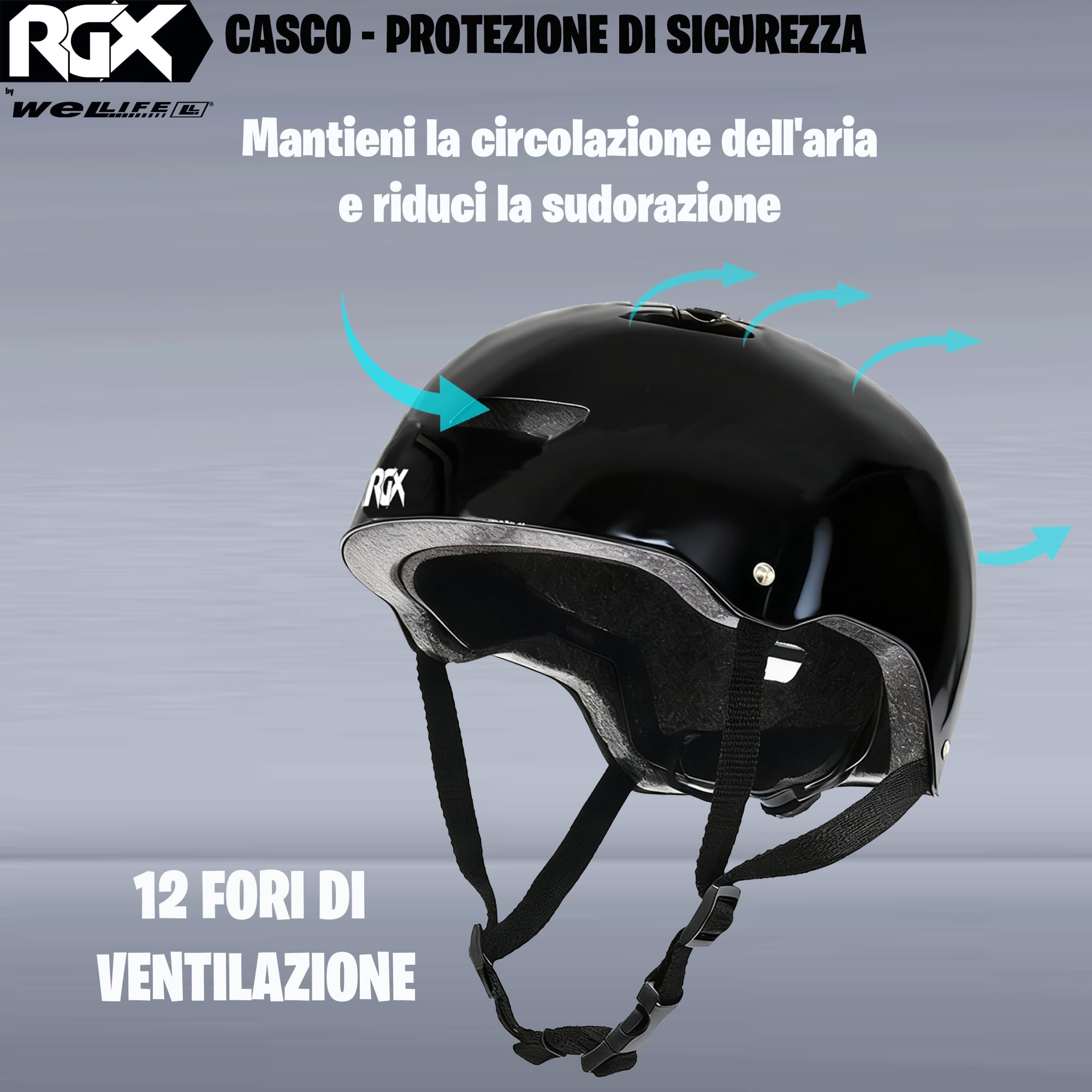 WeLLIFE Casco Regolabile per Ragazzi e Adulti Protezione Elmetto Nero RGX adatto per Skateboard, Bici, Pattini Sicurezza Ideale Multi-Sport Leggero e Sicuro