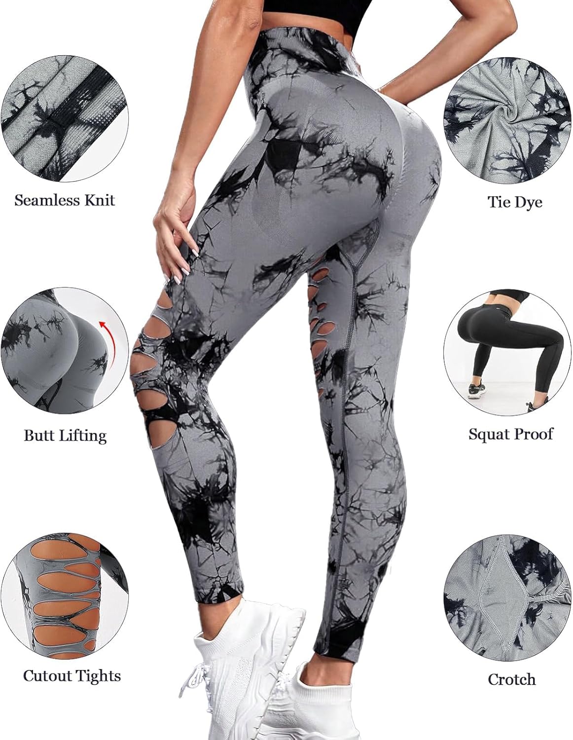 UONNOU Women's Tie Dye Cutout Tights High Waist Workout Yoga Leggings,Scrunch Butt Lifting Elastic Pants,2 Pack - Image 7