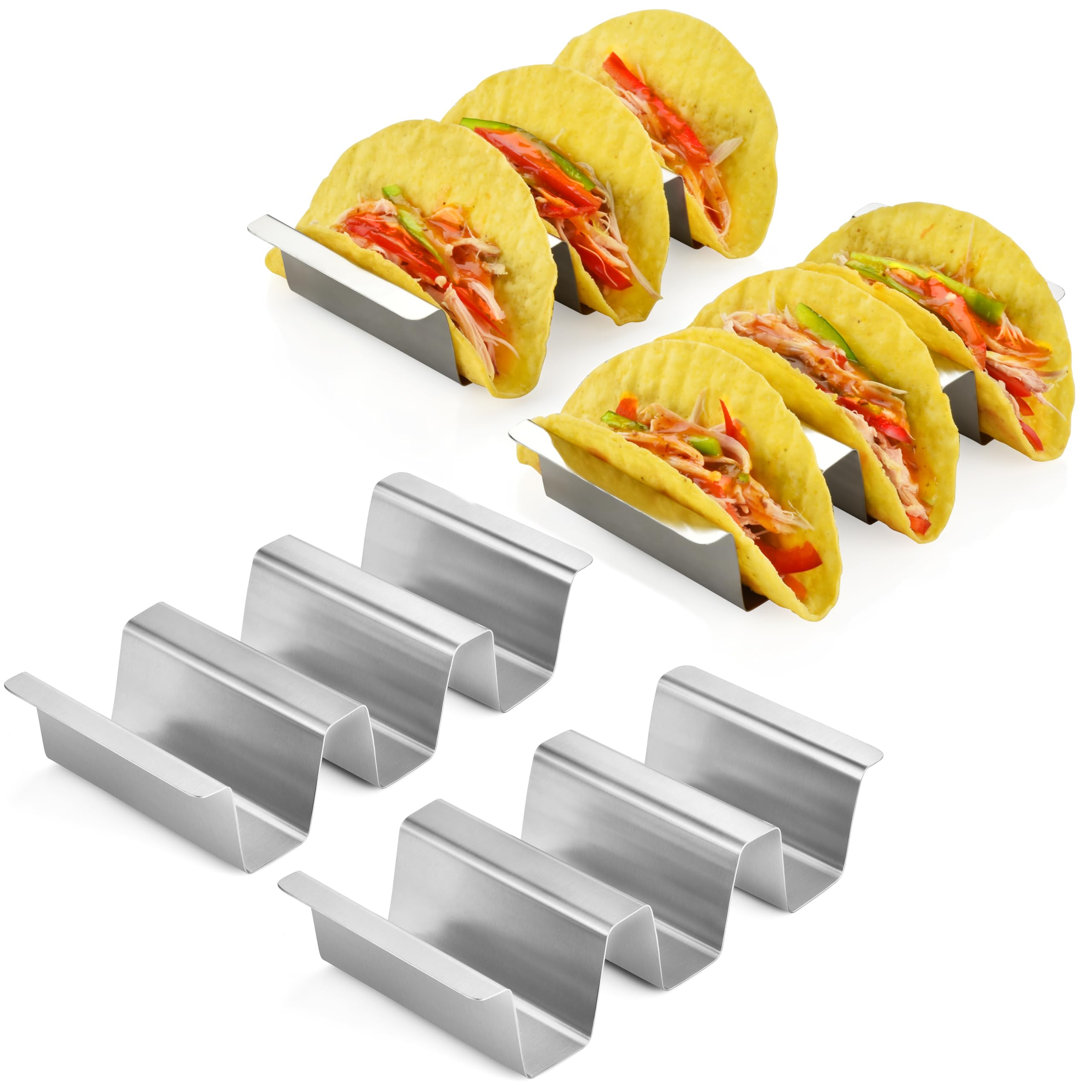 Juego de 12 soportes para tacos de acero inoxidable duradero para 3 tacos, apto para lavavajillas, perfecto para tacos nocturnos y callejeros