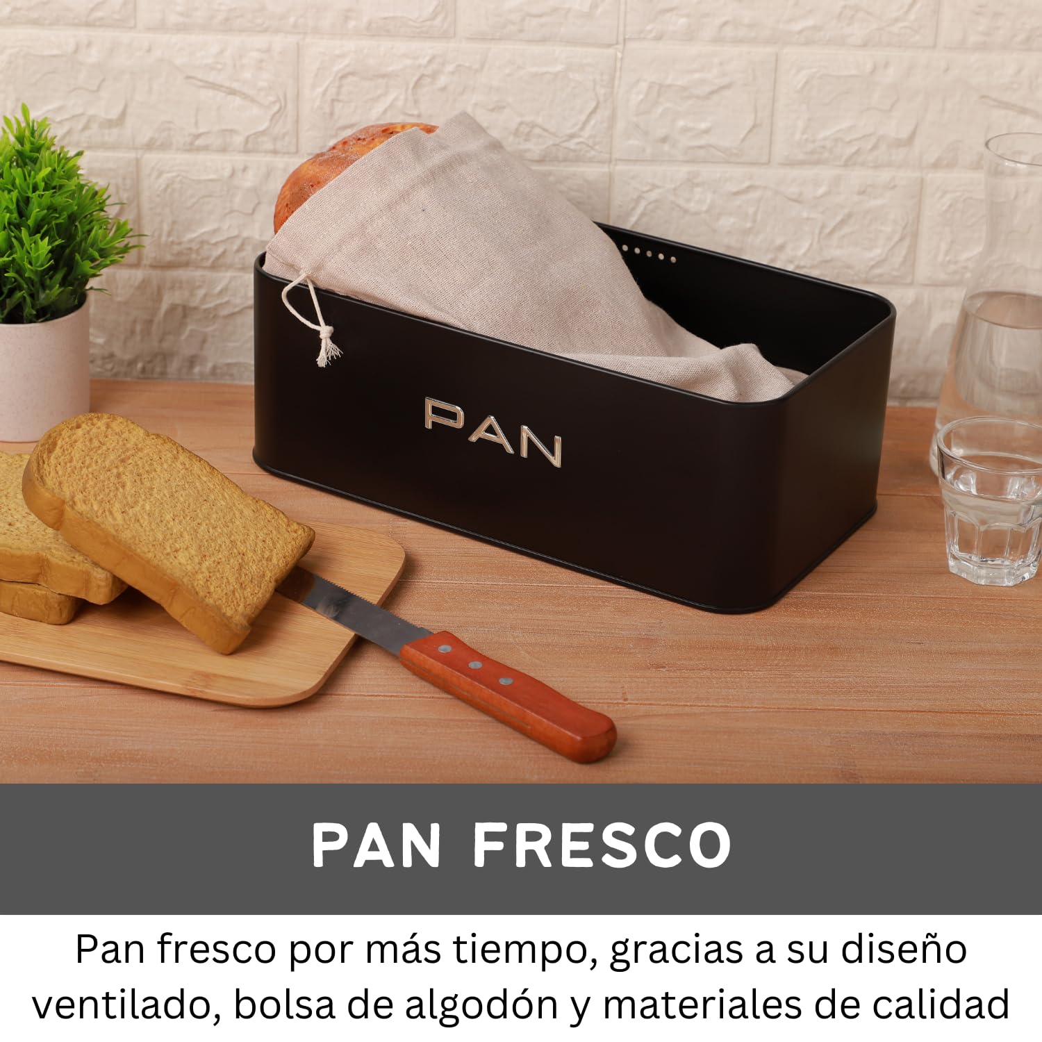 Set Organización Cocina 4 Piezas: Panera + Juego de 3 Botes para Patatas, Cebollas y Ajos. Cajas de Almacenaje Metal Negro Mate con Tapa de Bambú y Ventilación