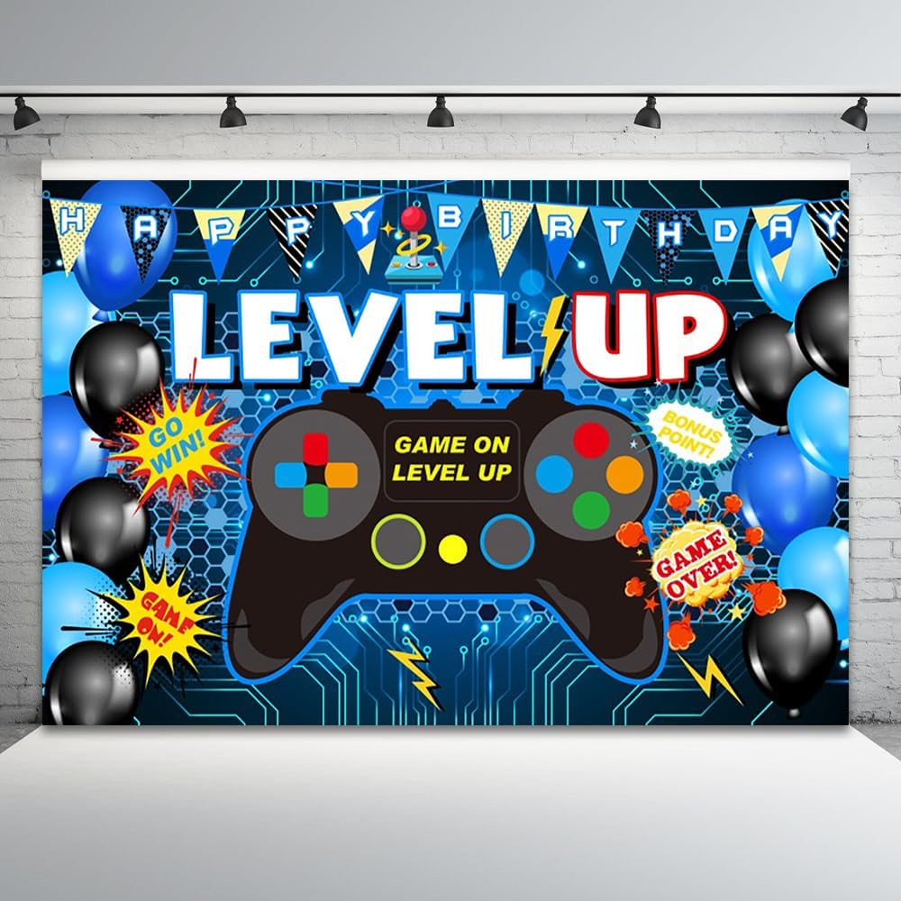 9x6ft Video Game Happy Birthday Backdrop for Photography Level Up Boys Gaming Controller Background for Kids Boys Birthday Party Cake Table Banner Photoshoot Studio Props