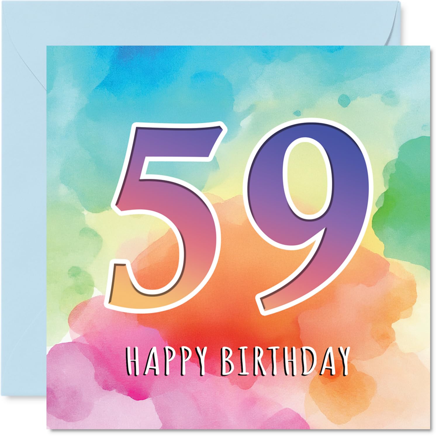 59th Birthday Card - Rainbow Watercolour 59, Abstract Colour Washes with 'HAPPY BIRTHDAY' Beneath the Large Gradient Number, 145mm Square, Envelope Included