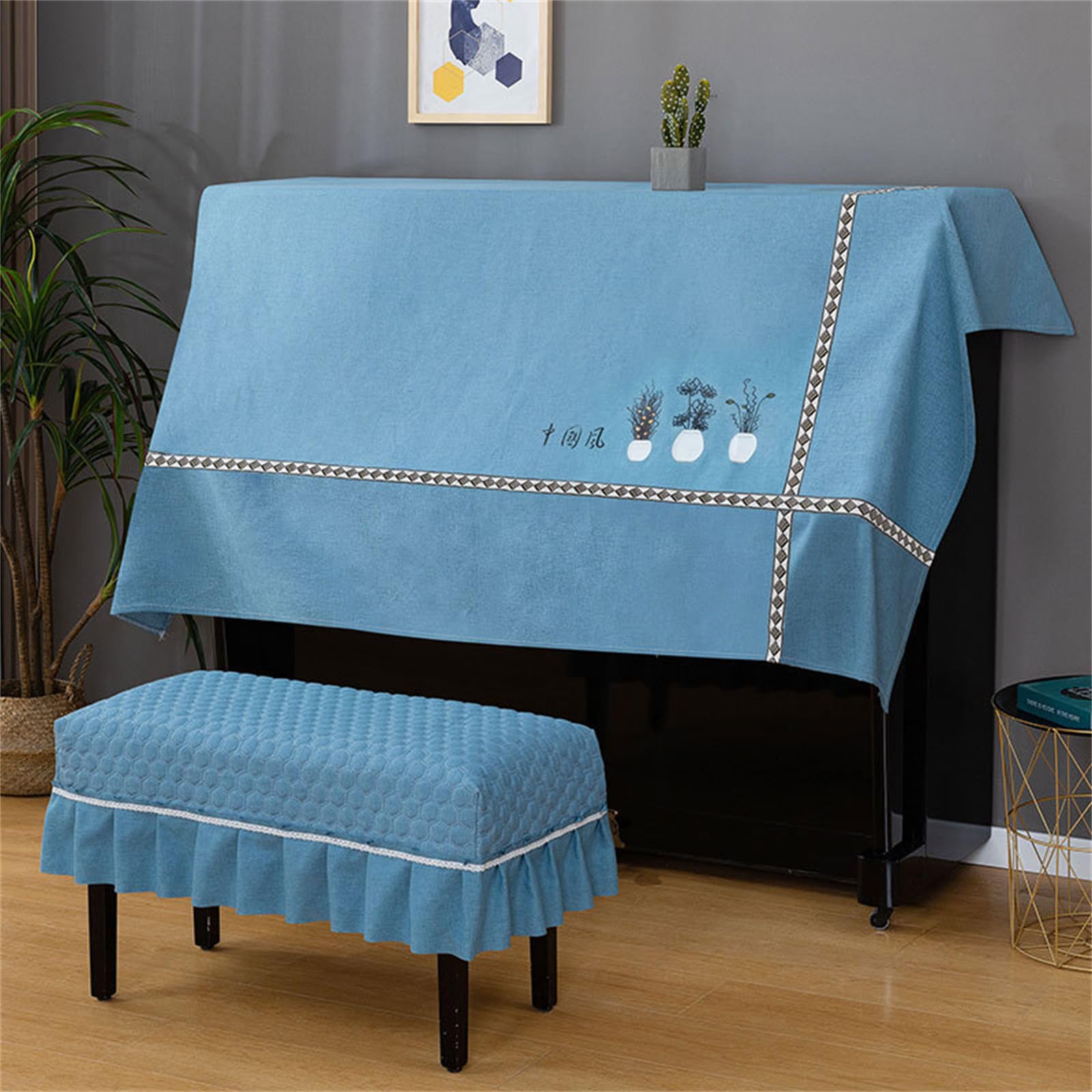 SUNMME Piano Dust Cover Cloth With Stool Universal Upright Protective Half Print Decorative For Piano/e/single (f Double Stool)