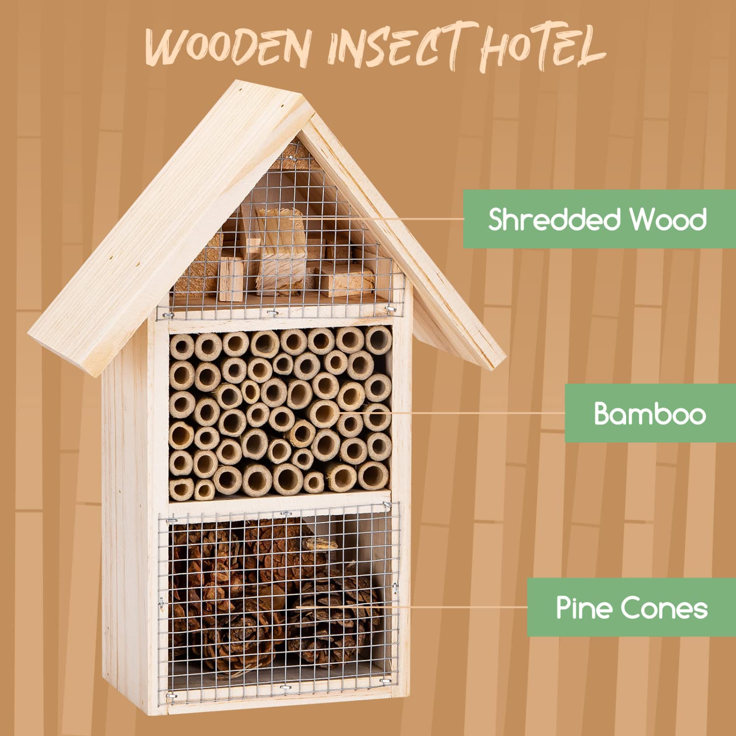 Nobleza - Casetta per Insetti in Legno, Albergo Insetti Naturale per Api, Coccinelle, Crisopidi, Farfalle,Hotel per Insetti Che Aiuta la Nidificazione, Taglia M - 19,5 * 10 * 27CM