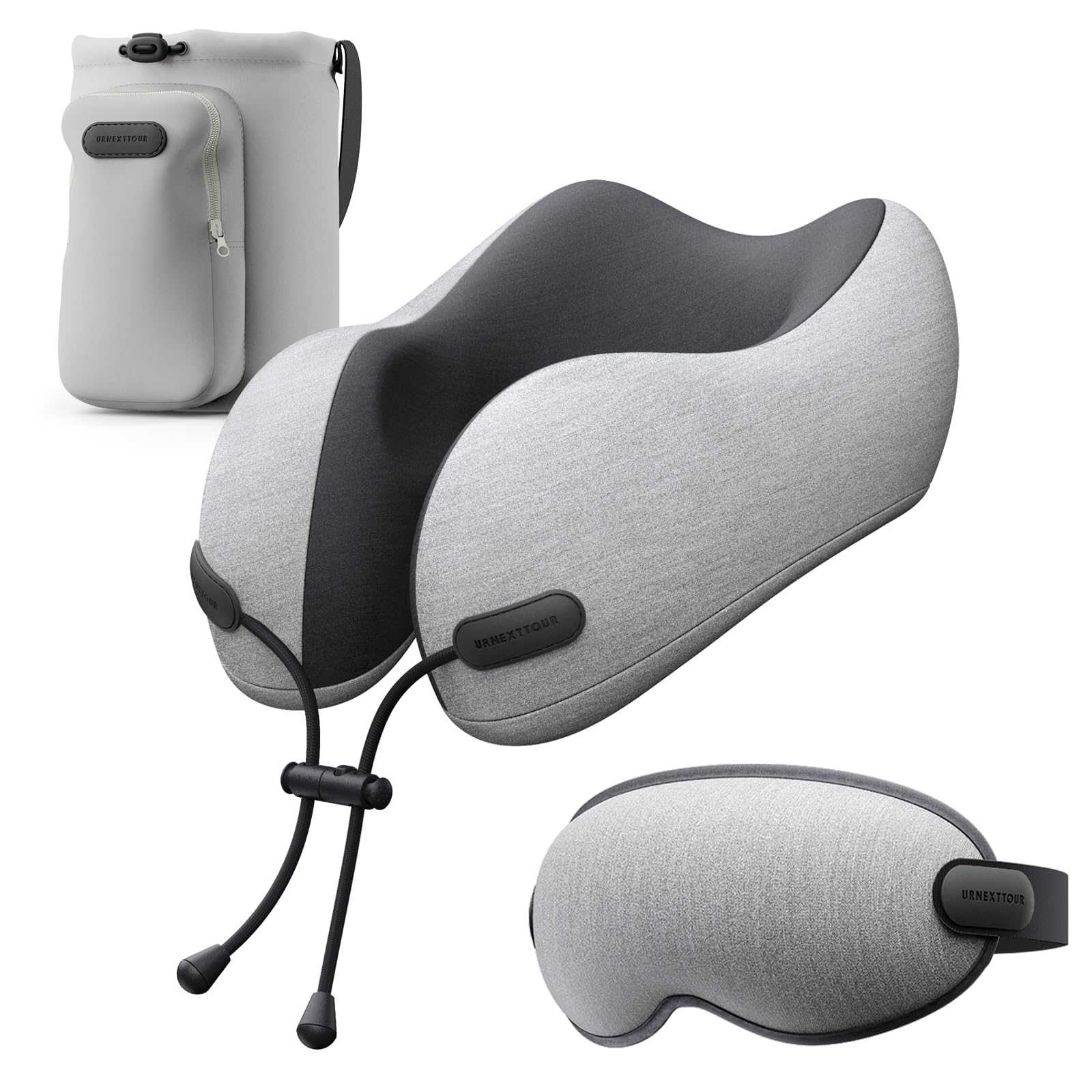 urnexttour Cuscino cervicale da viaggio in memory foam, modelli di design con maschera 3D a pressione zero per gli occhi e borsa compatta, essenziale per viaggi, aereo, auto, riposo, sonno, uso adulto