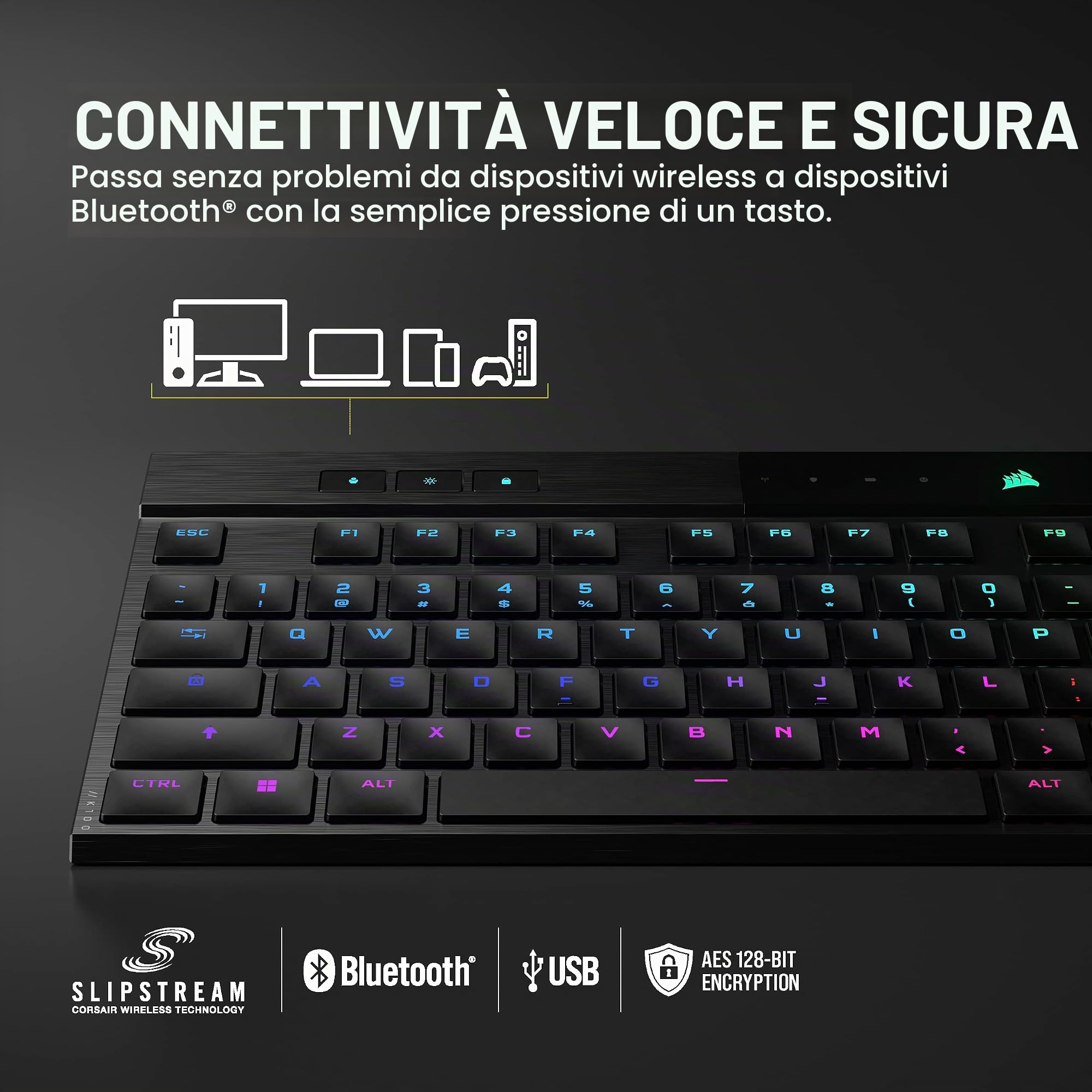 Corsair K100 AIR Wireless RGB Tastiera da gioco meccanica ultra sottile - Cherry MX Low Profile Tactile Switches - Low Latency Bluetooth - Compatibile iCUE - PC, Mac, PS5, PS4, Xbox - QWERTY UK - Nero