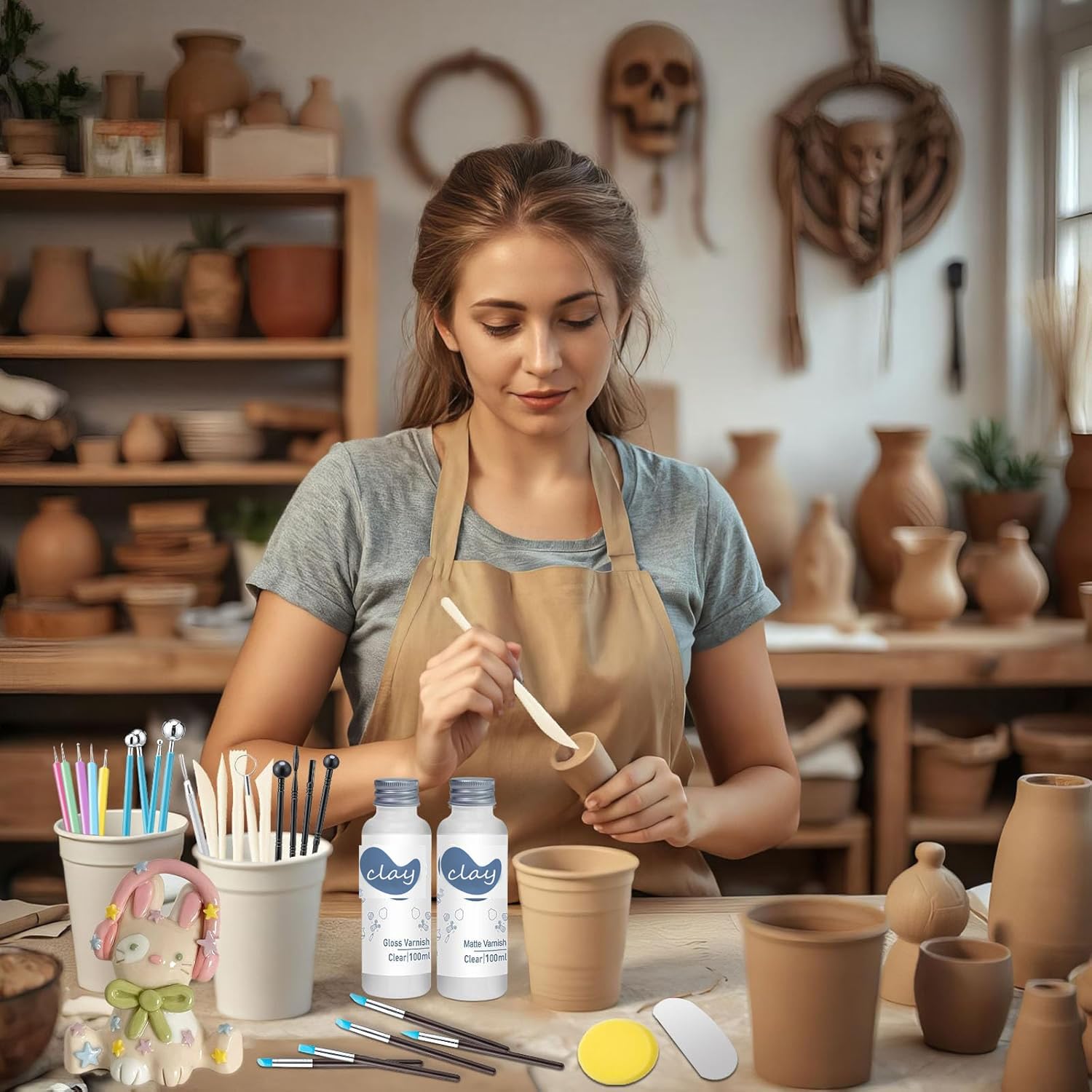 29 Pcs smalto argilla con kit di strumenti per scultura, 100 ml sigillante argilla per lucido, resistente ai graffi, impermeabile, kit di strumenti per ceramica per scultura, modellazione (lucido)
