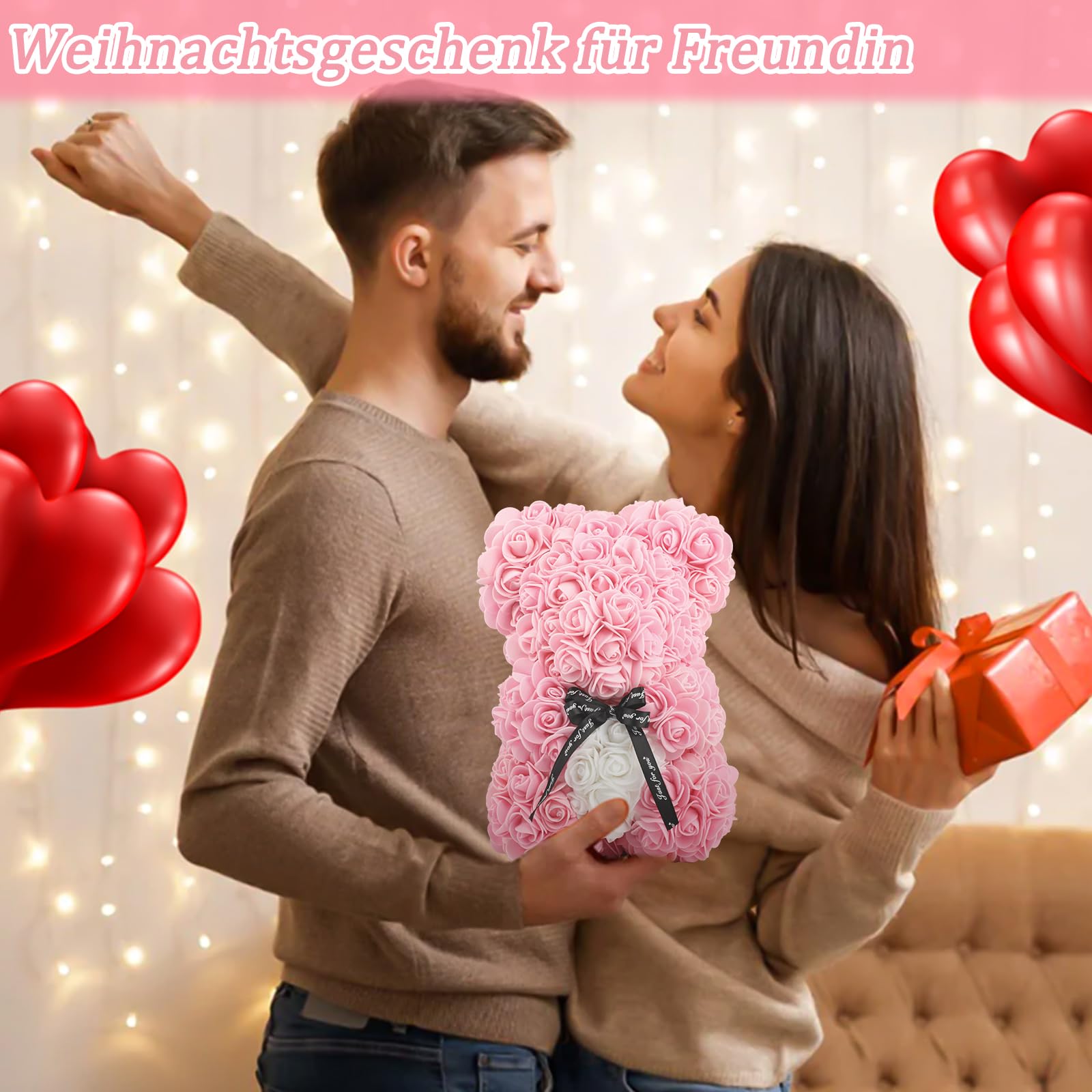 Orso di rose fatto a mano, regalo per lei, amiche, donne, confezione regalo trasparente, 25,4 cm (rosa chiaro)