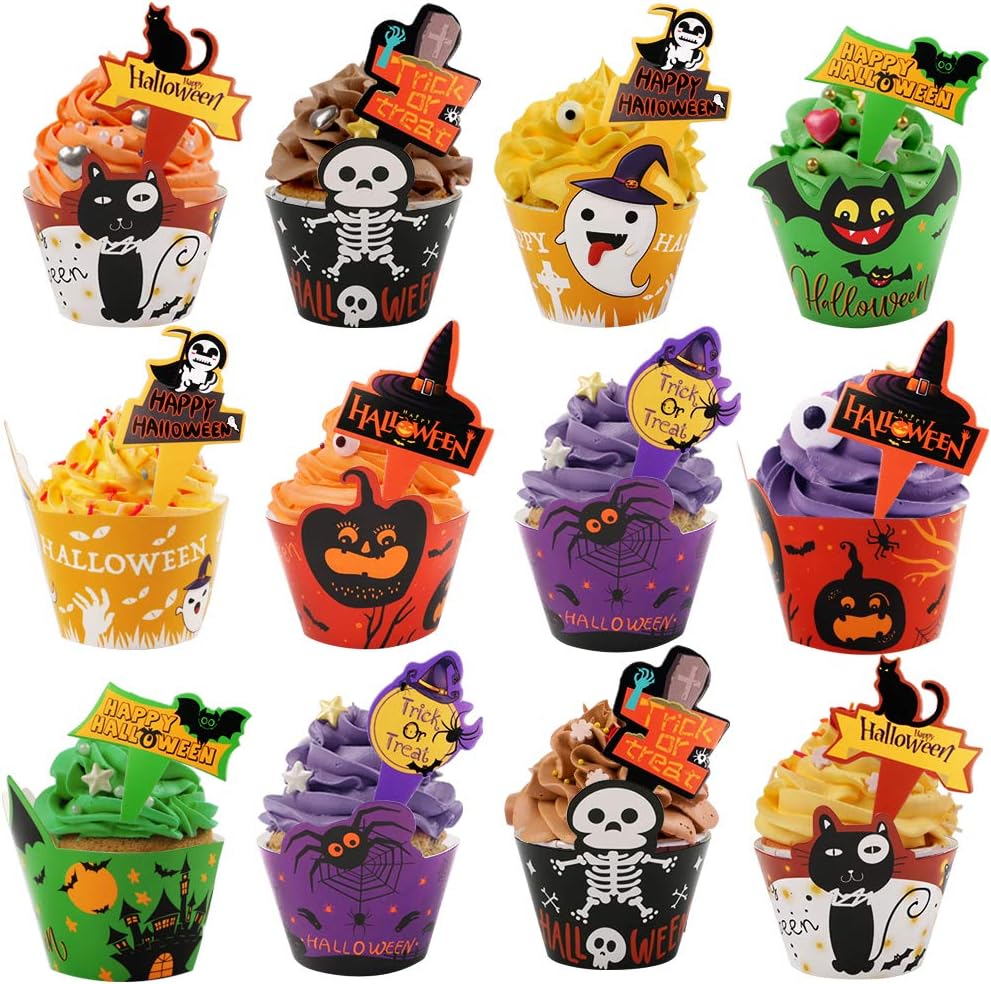 Haojiake 120pack Halloween Cupcake Toppers and Wrappers, Ghost, Pumpkin, Spider Cupcake Decorations for Halloween Party Supplies