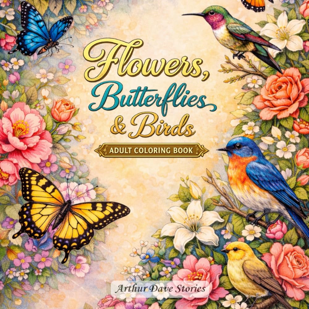 Flowers, Butterflies & Birds: A Stress Relief Coloring Book for Adults