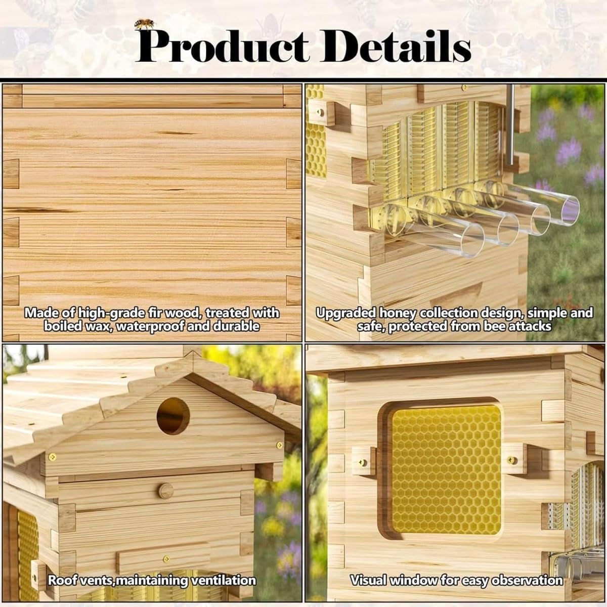 Self-Flowing Honey Beehive Kit with Observation Window & Honey Spout, Complete Wooden Beekeeping Box with 4 Frames & 6 Honeycomb Trays for Garden Pollinators