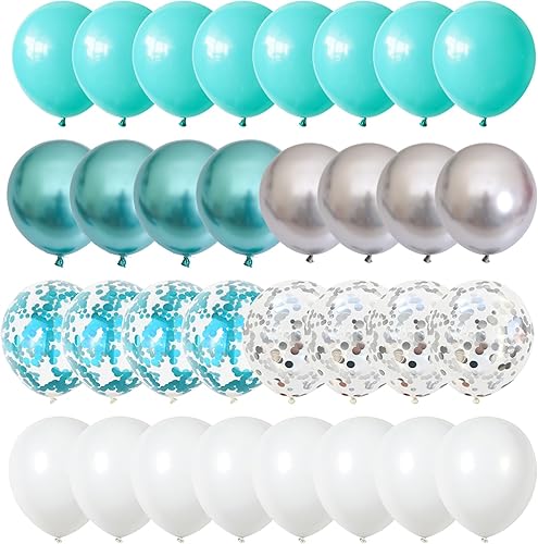 Miniatura 8 de Globos de látex de confeti azul turquesa, azul claro, menta, verde, plateado y blanco, juego de globos de látex de confeti, azul aguamarina, blanco