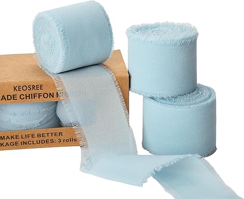 Miniatura 13 de 3 rollos de cinta de gasa de chifón azul polvoriento hecha a mano, 1.5" x 21 yardas con flecos deshilachados de seda (3 rollos * 7 yardas)