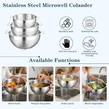 Colander Strainer,Stainless Steel Colander for Kitchen,3 Pcs Colanders and Strainers(23+25+27cm), Colander Sieve with Handle &Food Strainer for Washing Pasta, Veg, Fruit & Rice,Dishwasher Safe