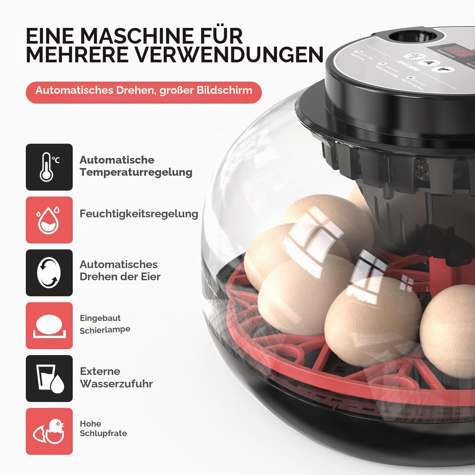 brutautomat vollautomatisch, Inkubator für 12 Eier mit automatischer Umdrehung von Eiern und automatischer Befeuchtung, Inkubator für Hühnereier, Wachtel, Ente mit Eierlampe