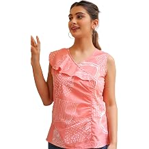 Yash Gallery Women's Tunic Top Cotton V Neck Geometrical Sleeveless Girls Printed Top for Summer