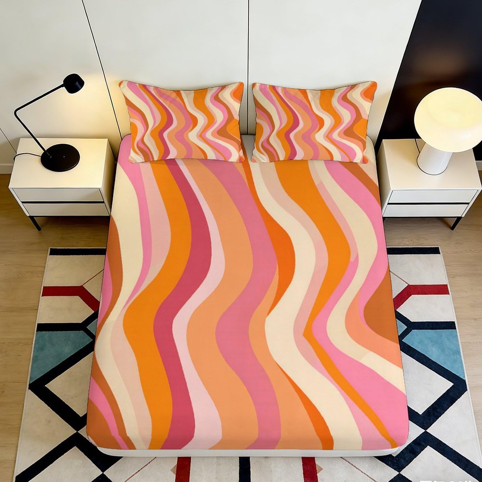 Pnayamiorkfel Style-1 3D Printed Retro Wave Fitted Sheet Microfiber Soft Orange Pink Abstract Mattress Cover Bedroom Decor 90X200x25cm