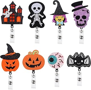 Kalolary Halloween Badge Reels, 8 Pieces Retractable Nurse Badge Holder with Alligator Clip Pumpkin Ghost Bat Reel Felt ID Name Badge Holder for Students Nurses Teachers Office