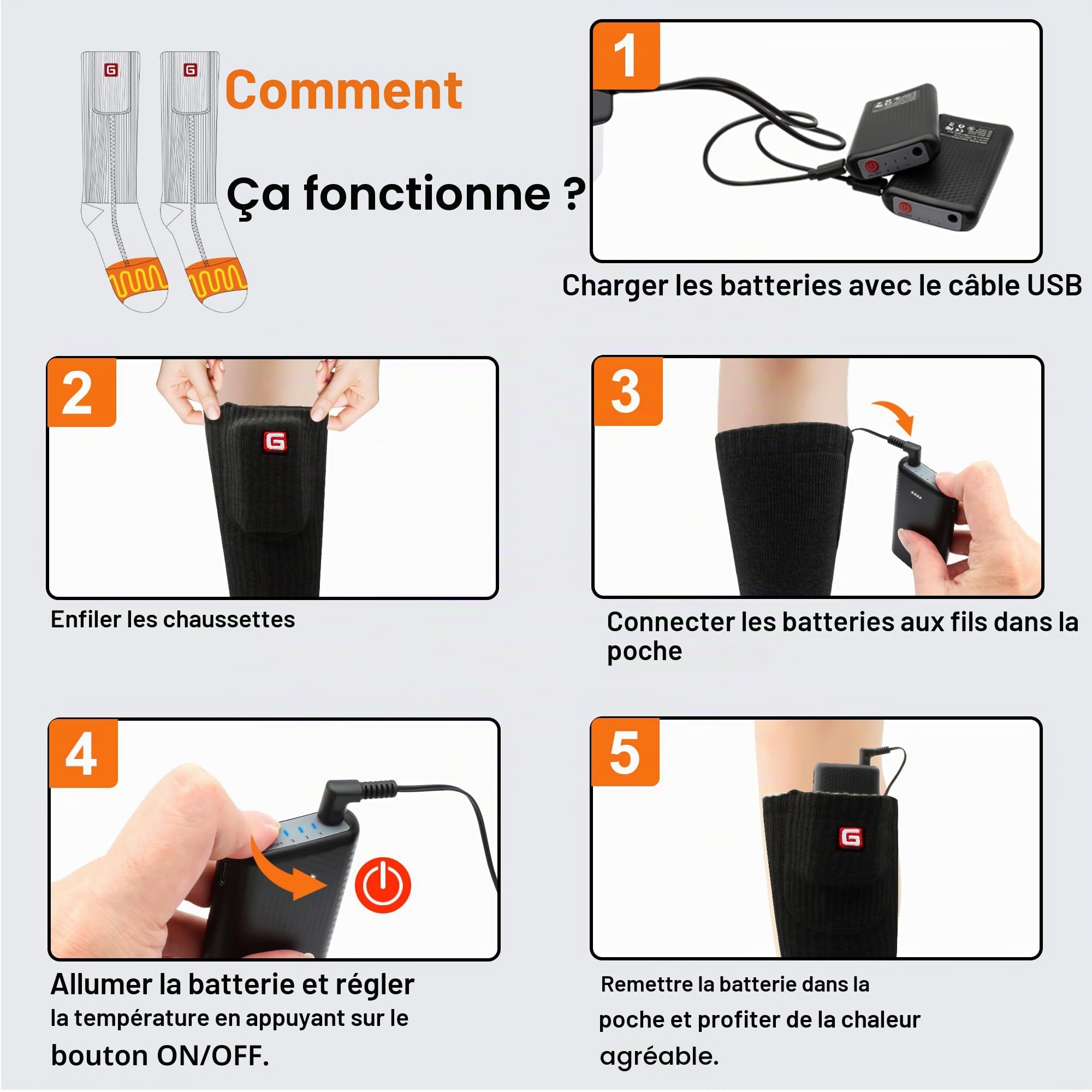 Svpro Chaussettes chauffantes électriques Rechargeables Hommes Femmes Thermo-Chaussettes alimentées par Batterie Camping Froid Randonnée Chaude Chaussettes d'hiver(