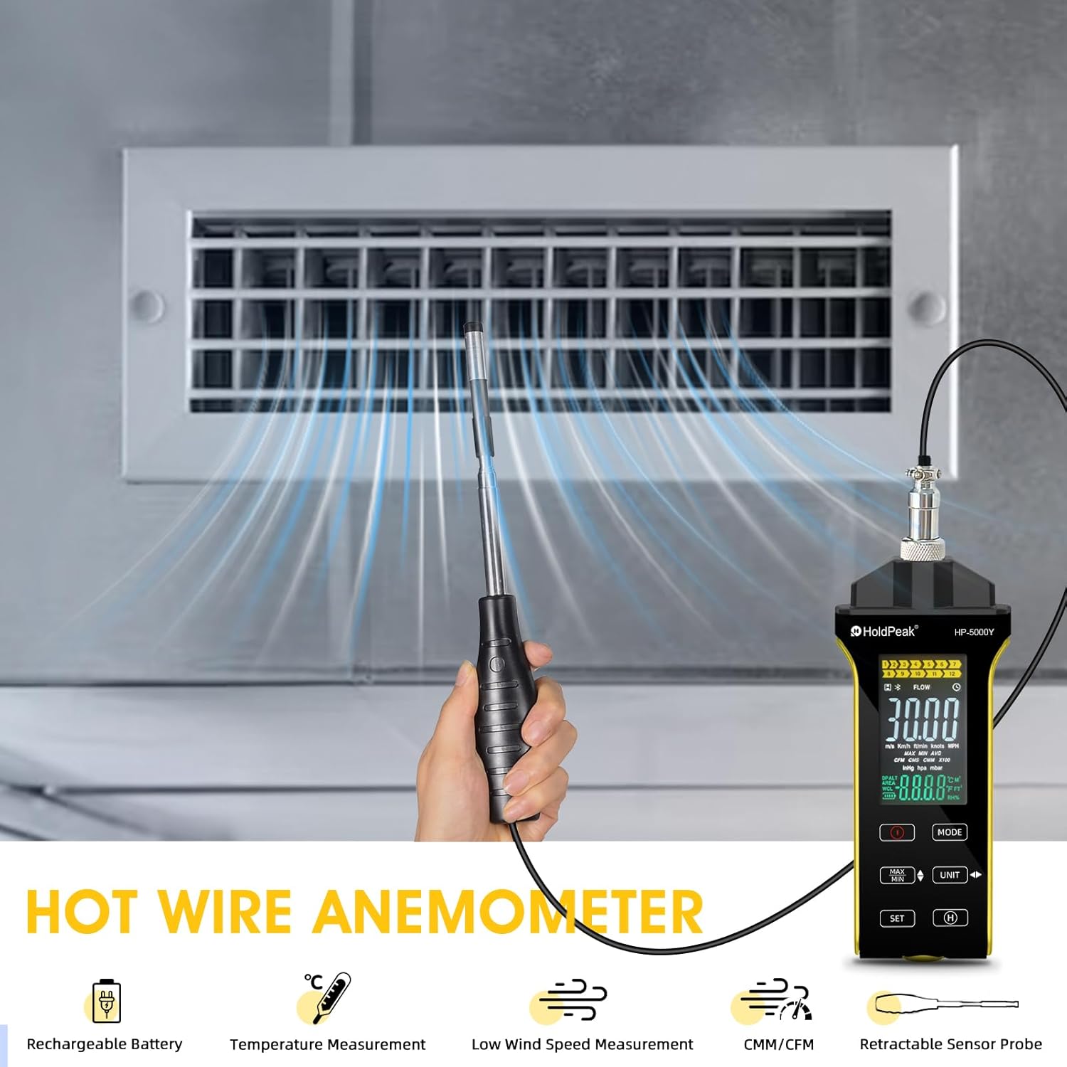HOLDPEAK Professional Hot-Wire Anemometer, High-Precision Digital Wind Speed Meter for HVAC, Measures CFM/CMM Airflow, Air Velocity & Temperature with Telescopic Probe, Backlit LCD, USB Charging