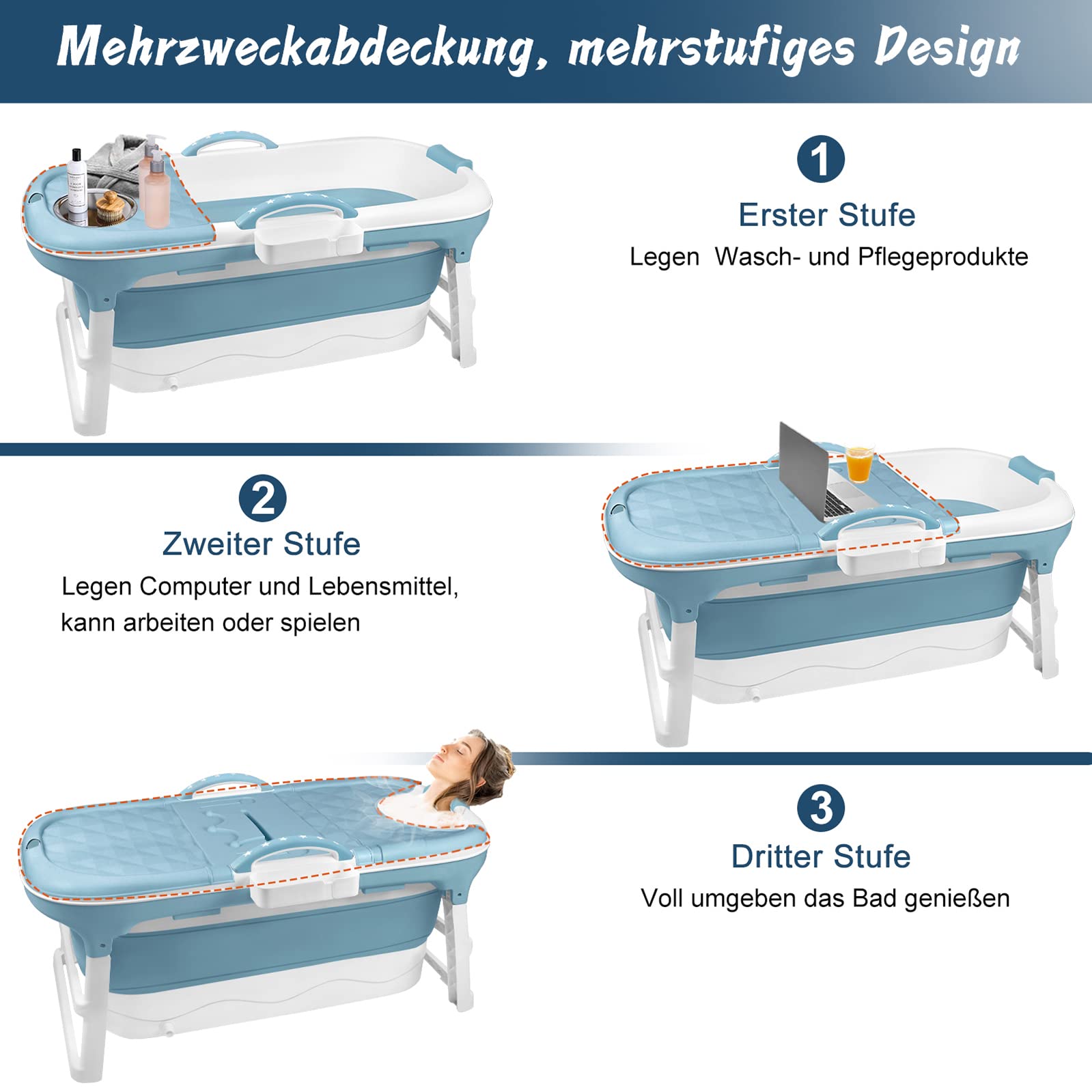 LZQ Baignoire pliable pour adulte - Avec couvercle amovible - Accoudoir - Panier à savon - PP + TPE - Baignoire pliable pour salle de bain SPA - 118 x 62 x 53 cm - Bleu