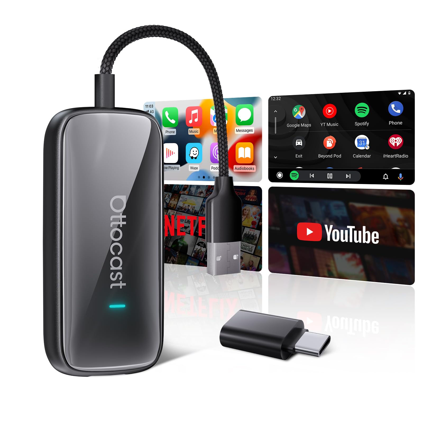 OTTOCAST Play2Video Ultra, 2026 Adattatore Wireless CarPlay & Android Auto con Netflix/YouTube/IPTV/Prime Video integrati, Box AI di Android 12.0 per veicoli con CarPlay cablato di fabbrica
