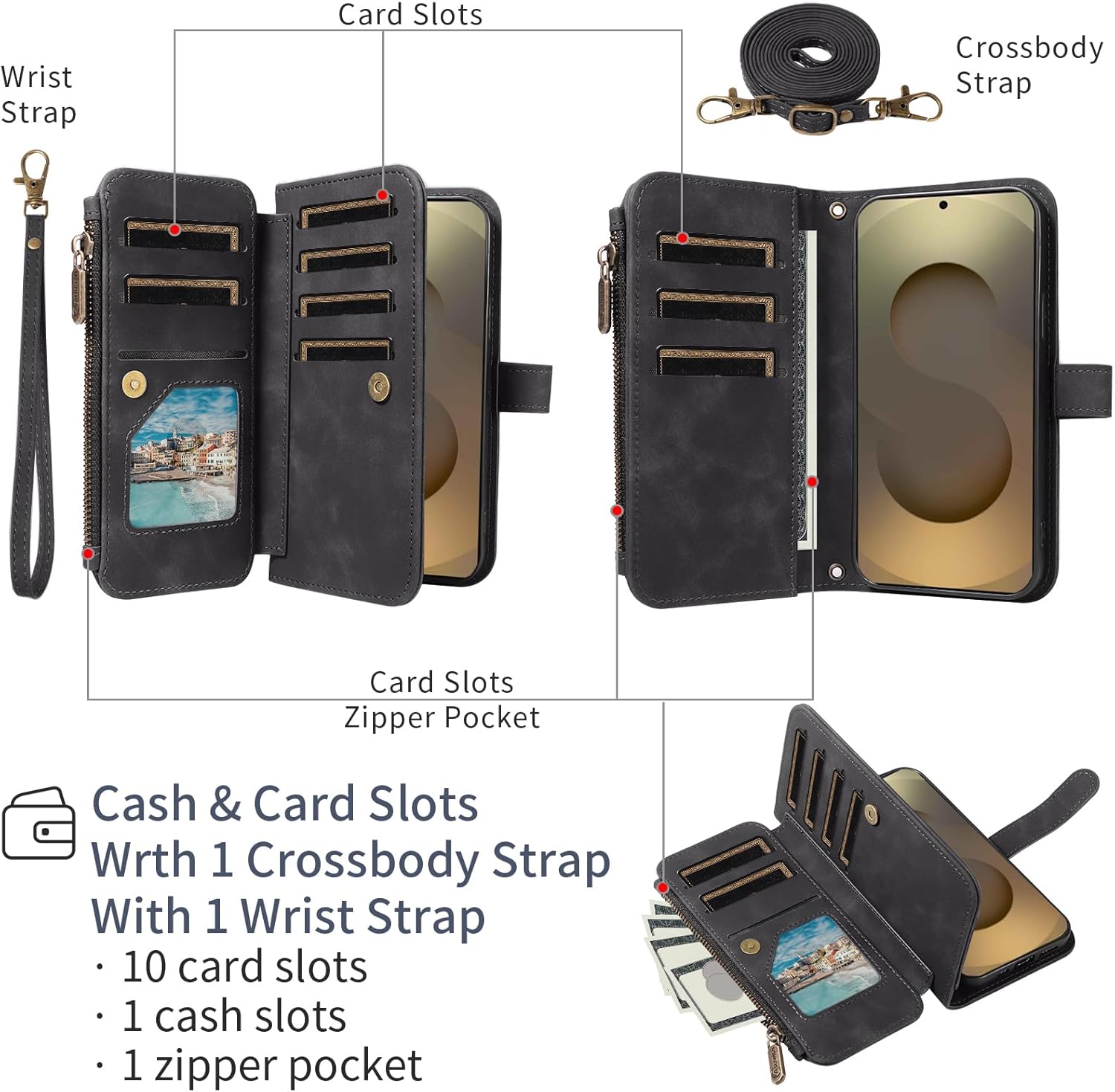 Asuwish Phone Case for Samsung Galaxy S25 Ultra 5G Zipper Wallet Cell Cover with Tempered Glass Screen Protector Crossbody Strap Flip Credit Card Holder S25Ultra 25S S 25 25Ultra 6.9 2025 Women Black