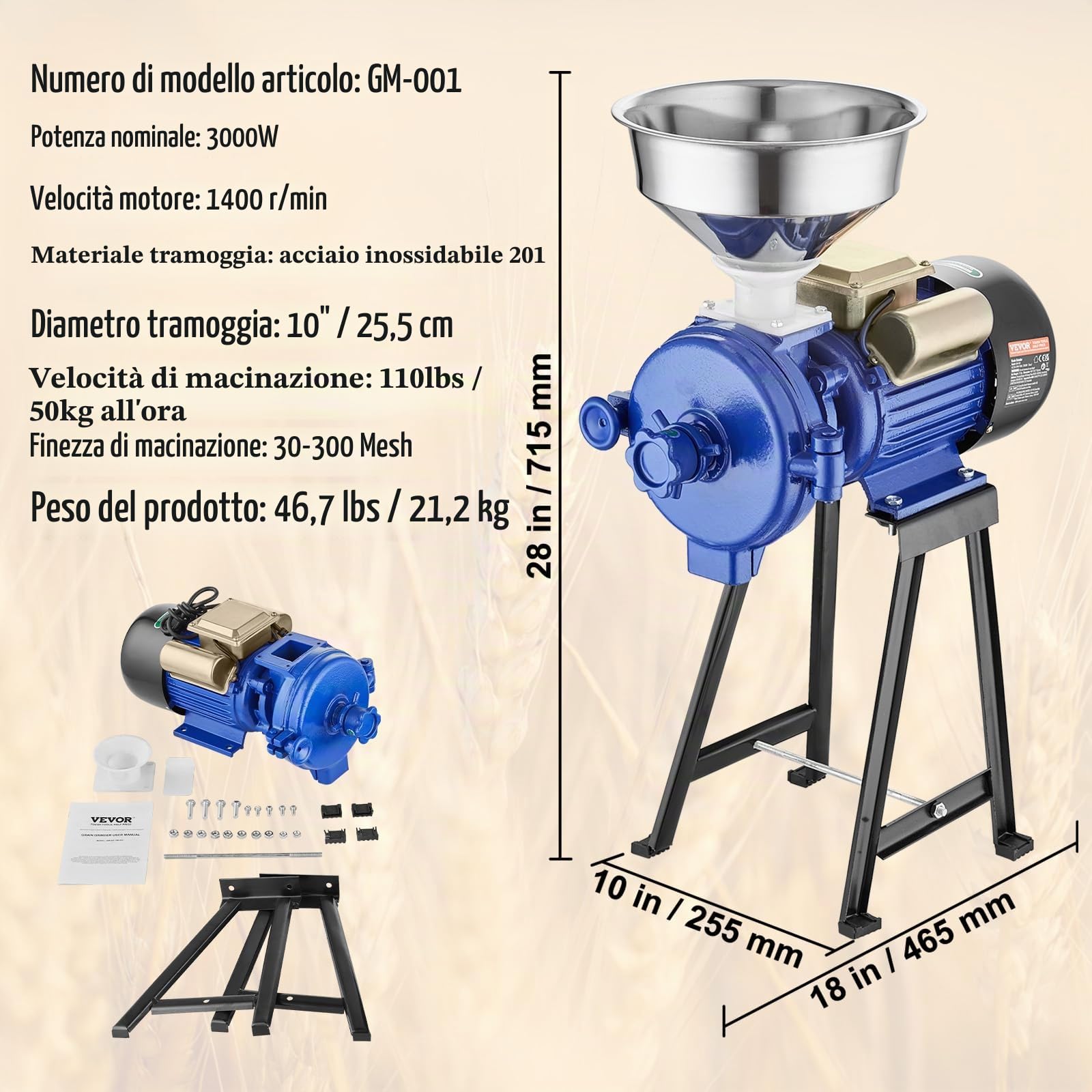 VEVOR Mulino Elettrico per Cereali, Mulino per Mais con Imbuto, Macchina per Polvere Spessore Regolabile, Mulino per Cereali per Farina Impieghi Gravosi, Macina a Secco o Umido, Macina Spezie 3000 W