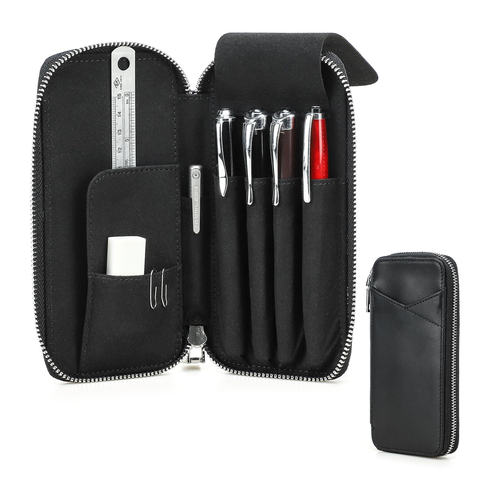 CONTACTS Fullgrain Leather 4 Slots Pens Case Pouch, Zipper Closure Pencil Organizer Pockets Stationery Bag for Men/Woman Handmade Vintage Travel Elegant Desk Accessories Organizer Box