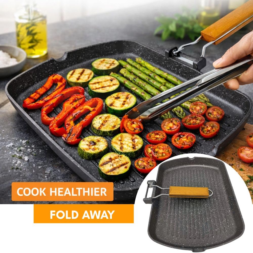 Bistecchiera 36x26 cm in Alluminio con Rivestimento in Pietra Antiaderente – Grill Pan Ultraresistente per Cottura Sana Senza Olio – Manico Ergonomico Pieghevole