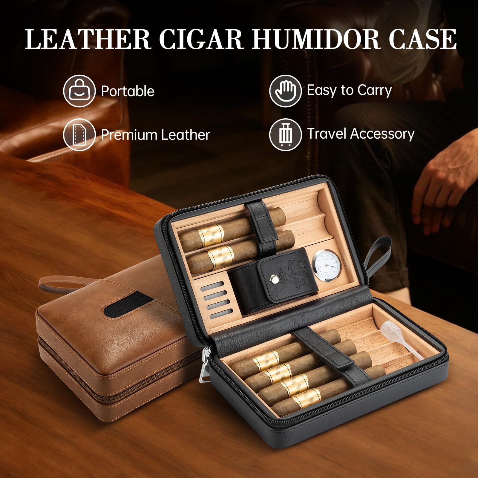 Custodia per sigari da viaggio in pelle, con igrometro e umidificatore, borsa per accessori per sigari, umidificatore portatile da viaggio, offre spazio per 6 sigari, scatola per sigari per uscire