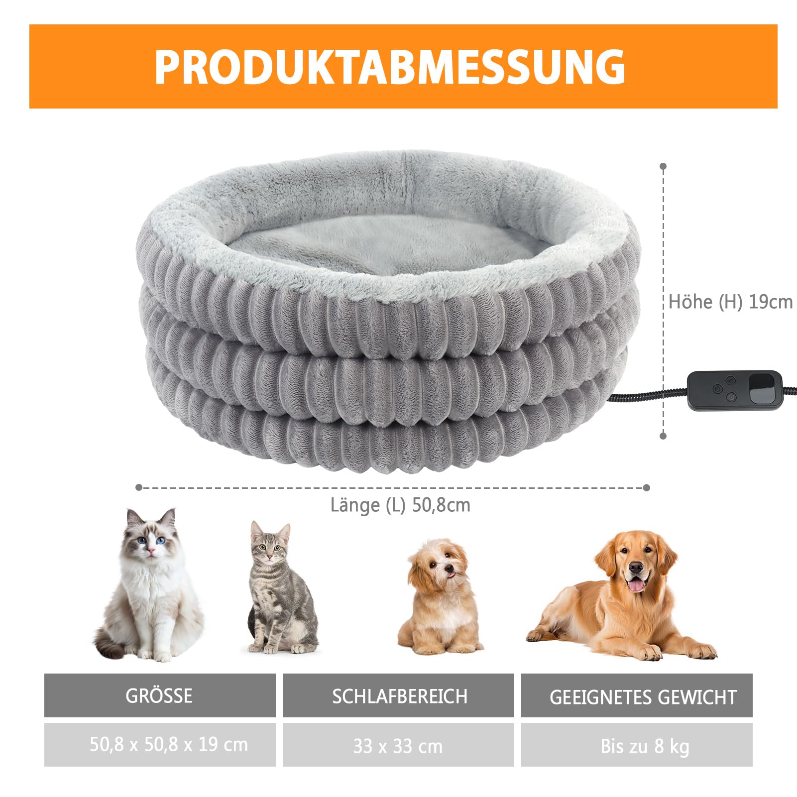 Beheiztes Katzenbett, rundes Wärmebett für Katzen und Hunde, elektrisches Haustierbett für erholsamen Schlaf, Katzen-Heizbett mit verstellbarem Heizkissen, waschbar