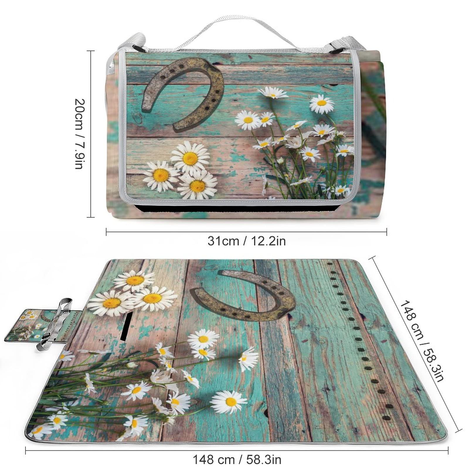 Kazynee Rustic Western Outdoor Picnic Blanket Cowboy Spring Floral Daisy Teal Wooden Horseshoe for Portable Outdoor Blanket for Travel Camping 58.3x58.3 Inch