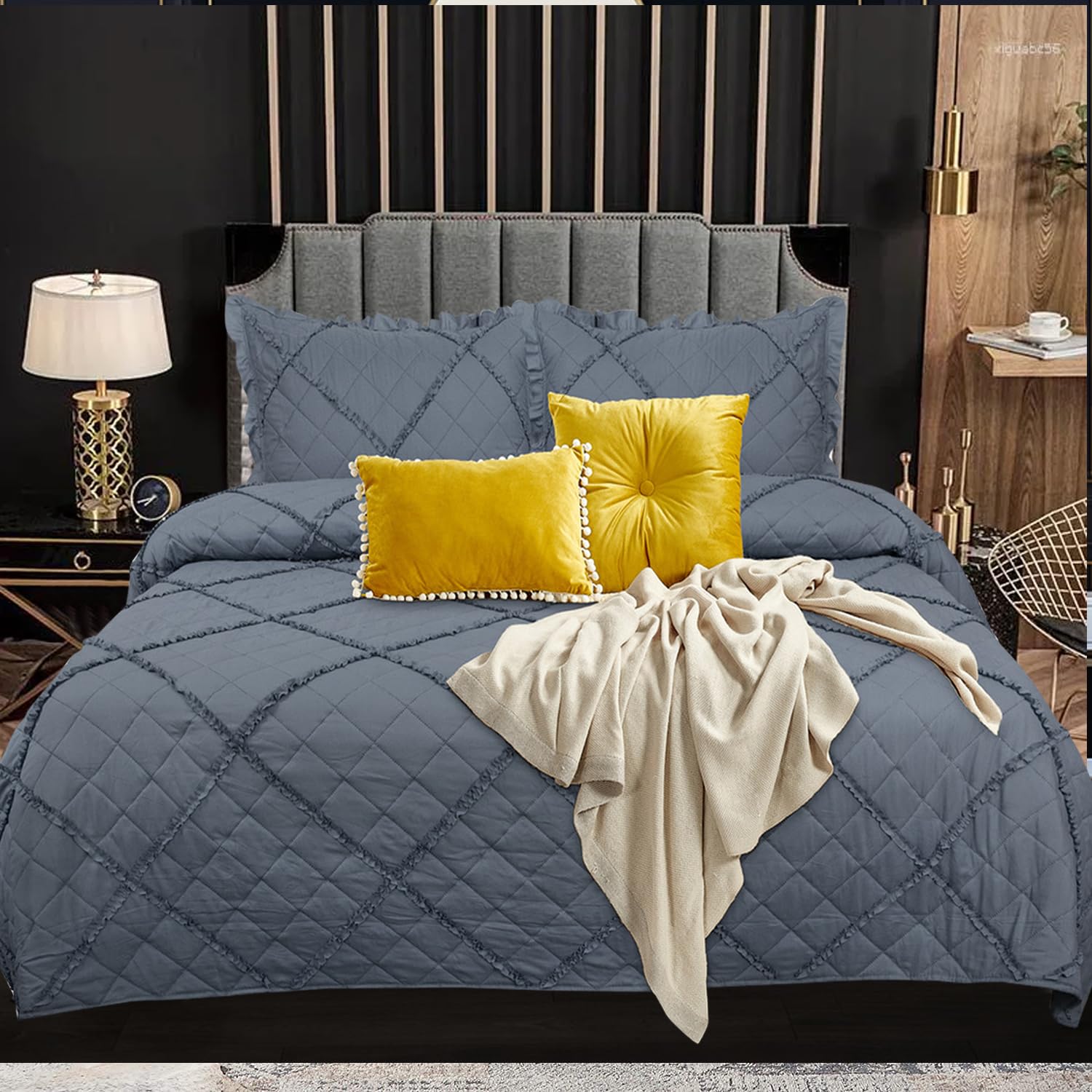 Fit Even Quilt Ruffle Bedspread 3 Piece Set – Coverless Quilted Diamond Pattern Bedspread, Comforter Throw, Summer and All-Season Lightweight Bedding Sets, with 2 Pillow Sham (Double, Grey)