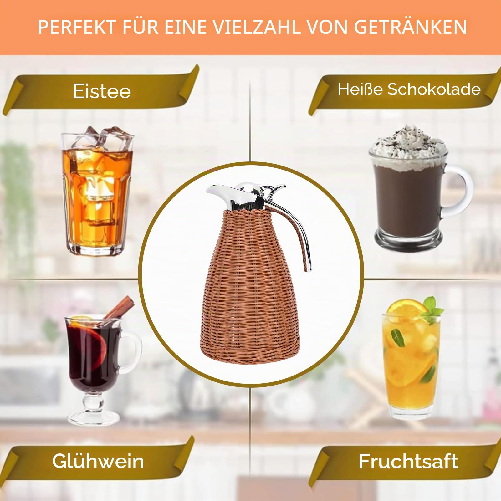 Fockety Rattan-Thermoskanne, 1,5 l Edelstahl-Thermoskanne mit handgefertigtem Rattan-Körper, 3-wandige Isolierkanne für heiße Flüssigkeiten, für Esstische, Cafés (BROWN)