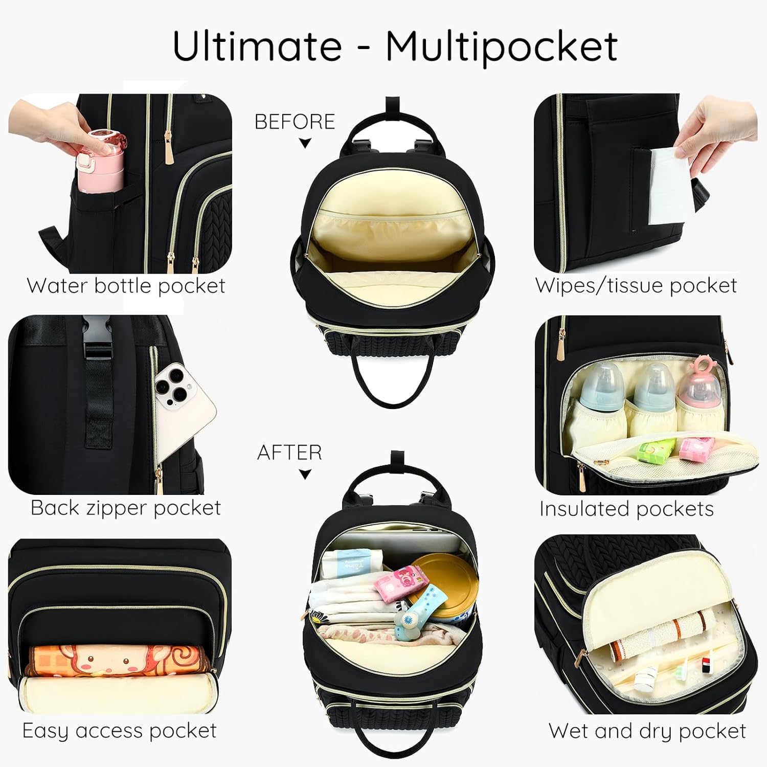 Diaper Bag Backpack - Large Multi functional, Boys, Girls & Baby Travel Essentials Tote with Changing Pad, Insulated Pockets, Stroller Straps, Waterproof - Baby Backpack for Mom & Maternity (Black) - Image 2