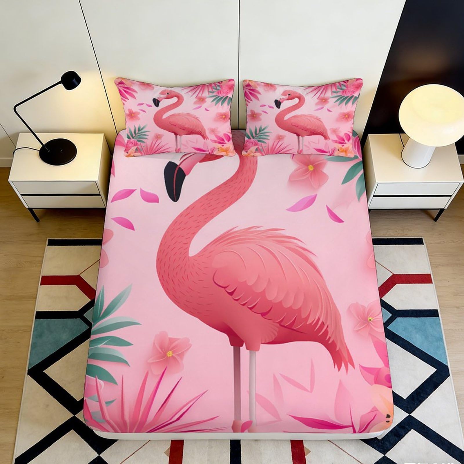 3D Printed Pink Flamingo Fitted Sheet Microfiber Soft Breathable Tropical Leaves Mattress Cover for Bedroom Guest Room Decor 90x200x25cm