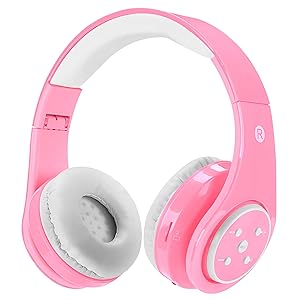 Kids Wireless Bluetooth headphones Volume Limited 85db/110db Stereo Sound Over-Ear Foldable Lightweight Children headphones with Mic SD Card Slot up to 16 hours play time for Boys Girls Adults (Pink)