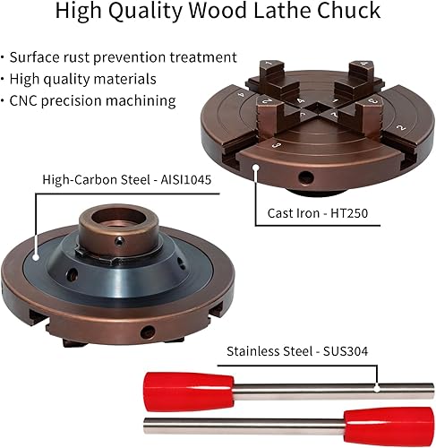 Miniatura 5 de Juego de mandril de torno de madera de 6 pulgadas, rosca de 1-14 x 8 tpi y adaptador de 1 x 8 tpi, juego de mandíbulas de torneado de madera de 4