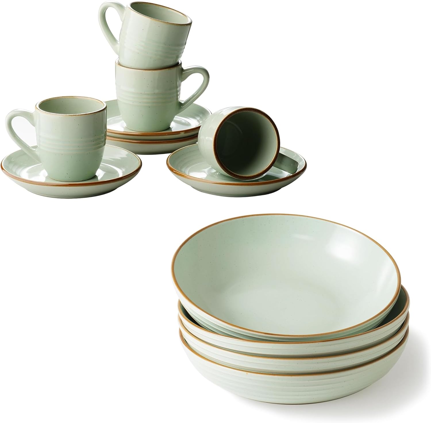 famiware 30 OZ Large Salad Bowls Set of 4 and Espresso Cups and Saucers Set of 4