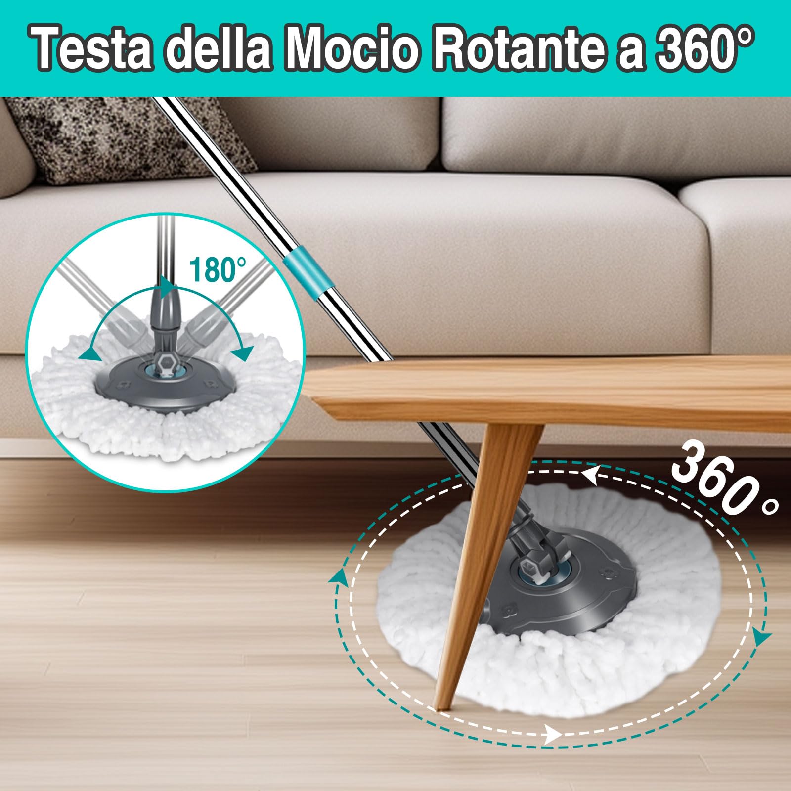 Set Mocio E Secchiello Con Centrifuga A 360°: 3 Testine Di Ricambio E Manico Telescopico In Acciaio Inox 61 Pollici