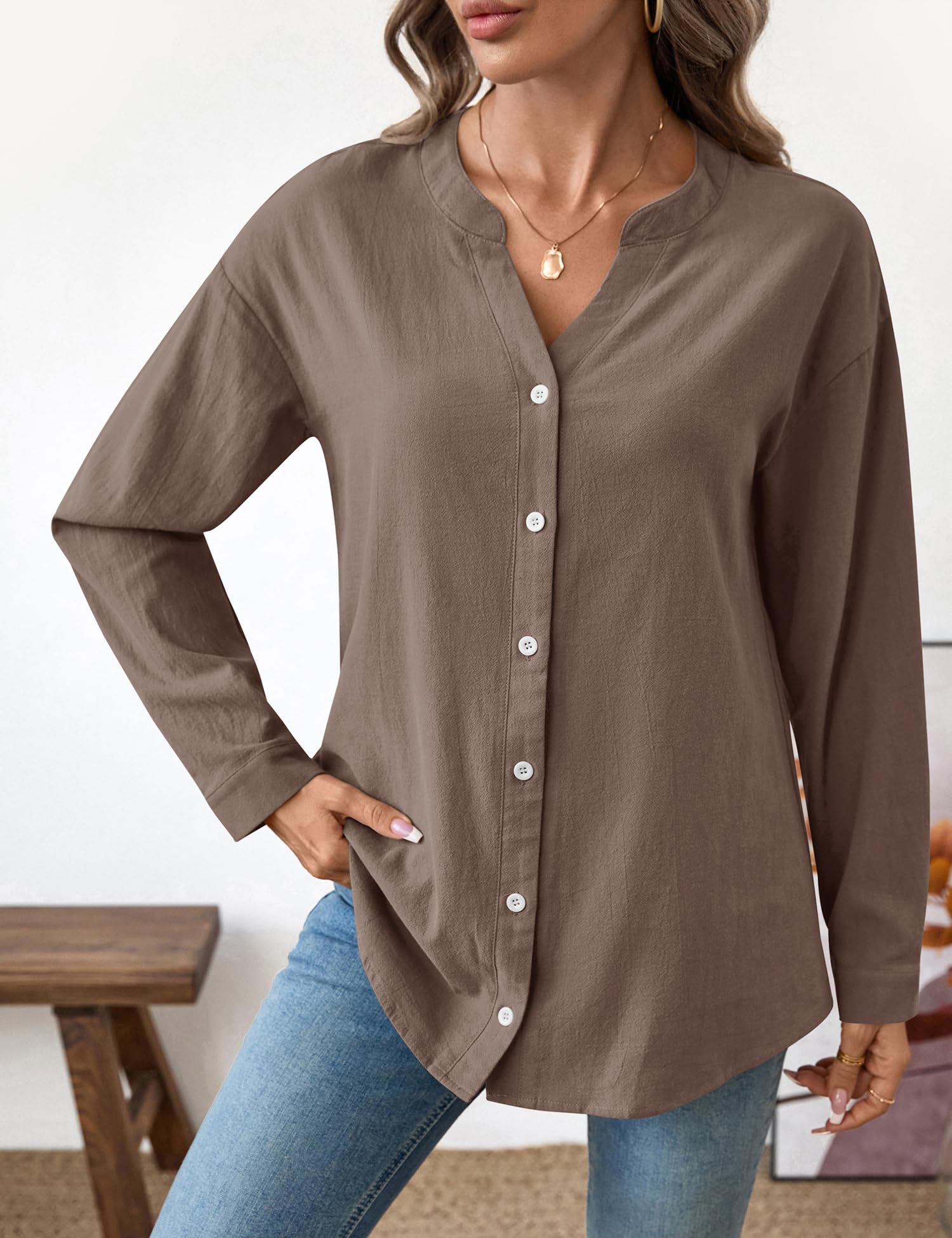 Rapbin Camicette da donna a maniche lunghe, in cotone, con scollo a V, con bottoni, casual, da lavoro, ufficio, camicette larghe