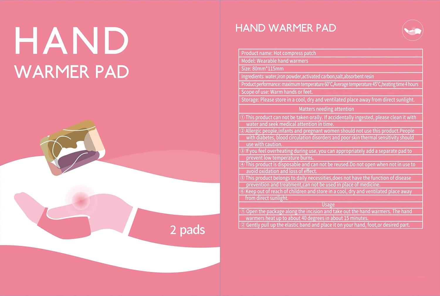 Hand Warmer Pair, 4-Hour Heat, 1 Pair Pack (Two Pieces), Unique Wrap-Around Design for Hands Foots and Joints, Good for Camping, Cold Weather, Natural Odorless Gloves, Gift for Women and Men