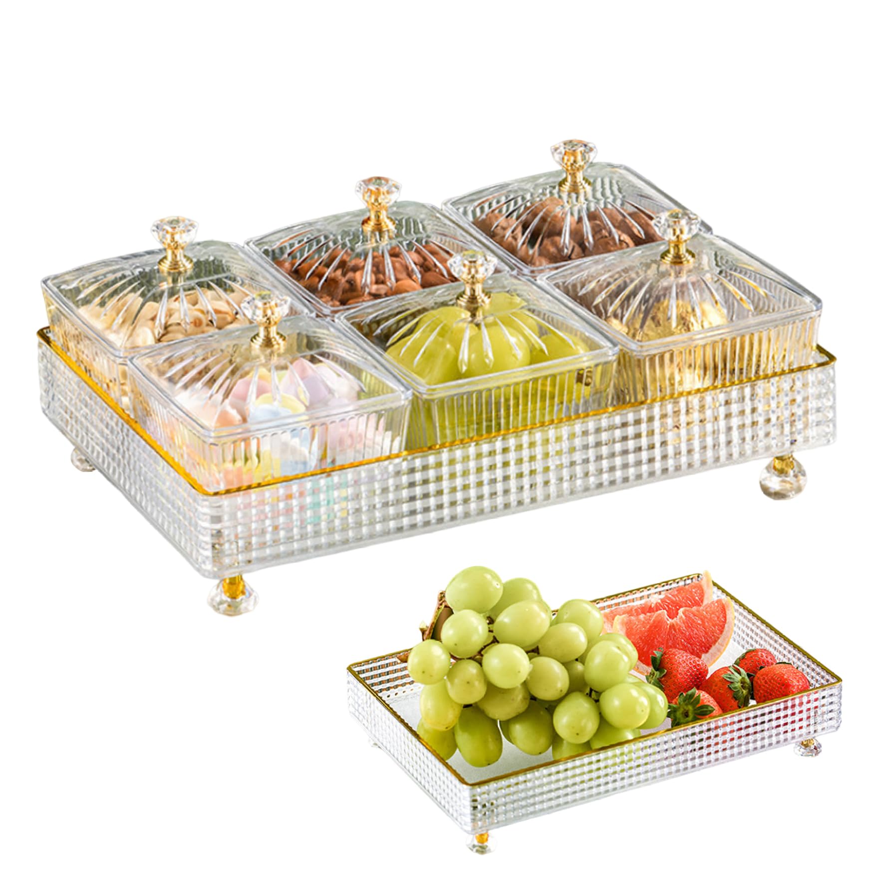 Whyzsjnclg Snack Tray, Divided Serving Tray Set Transparent Fruit with Lid Rectangle 6 Grids Fruit Bowl Box Set Divided Nut Bowl Plastic Desserts Serving Plate Snack, With Lid