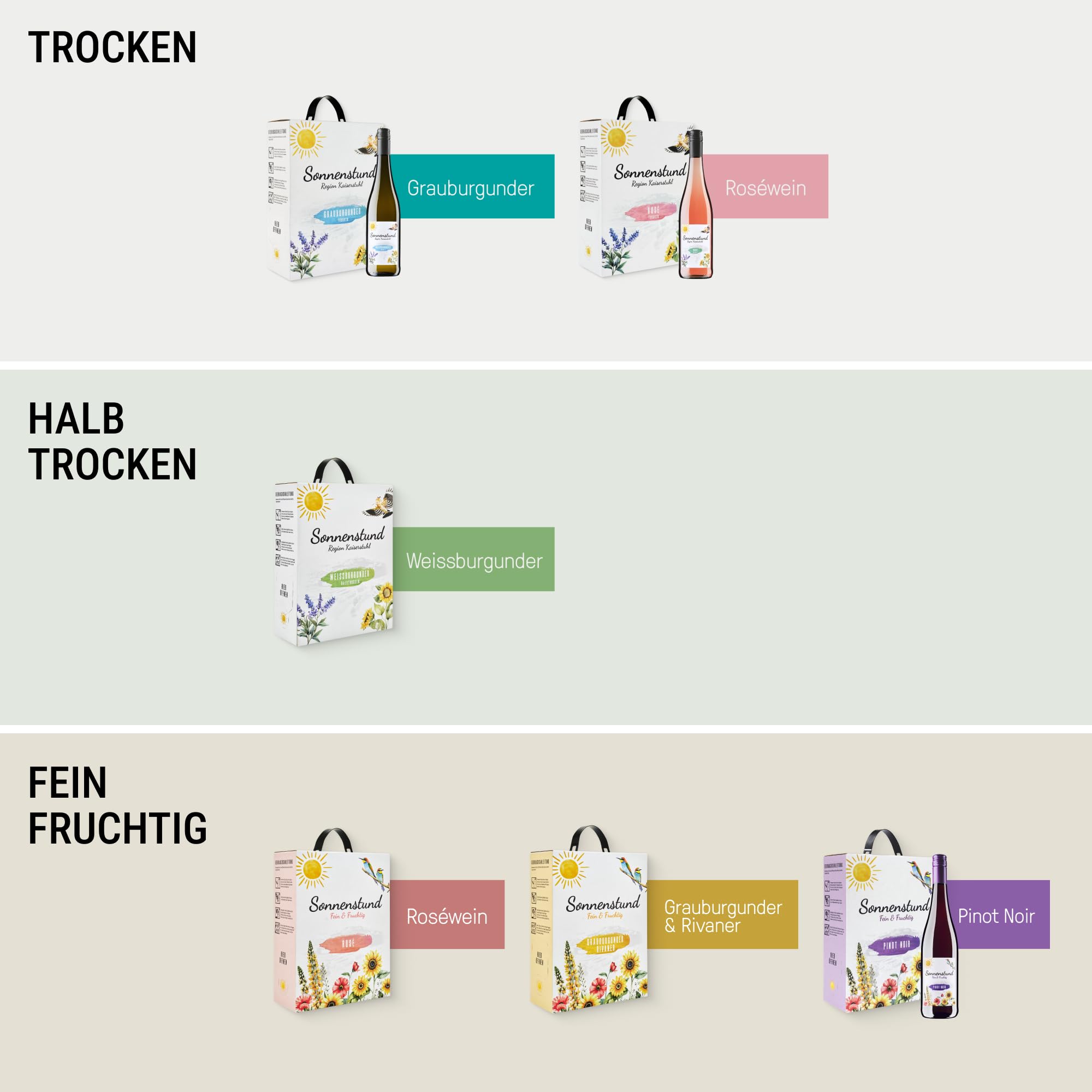 Sonnenstund Grauburgunder Weißwein-Paket - Bag-in-Box Grauburgunder trocken vom Kaiserstuhl - fruchtig-frisch & unkompliziert, ideal für Feiern, Gartenparty & Camping (4 x 3 l)