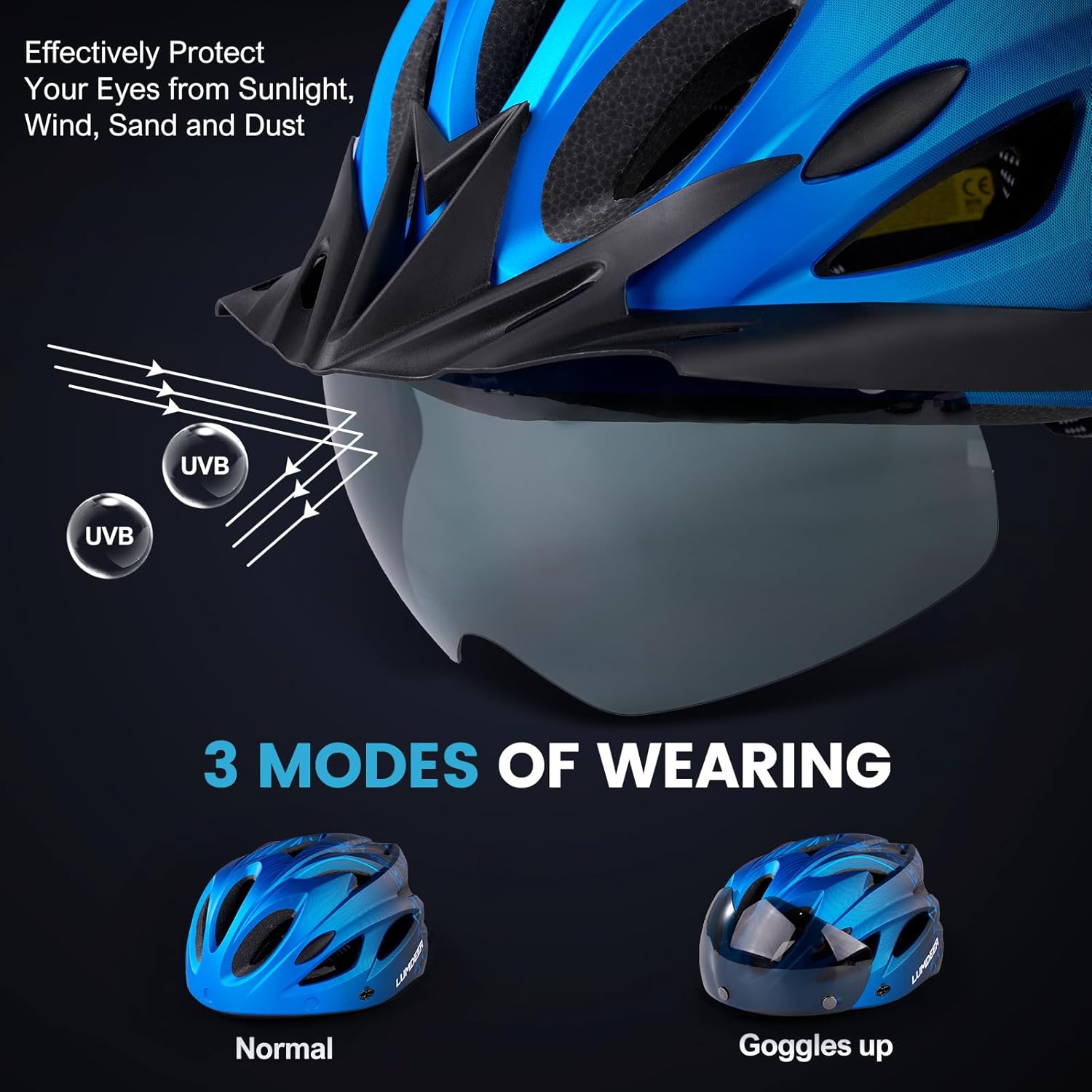 LUMDEER GENERUP Adult Bike Helmet 3 in 1 with Visor & Lights & Goggles - Certified Bicycle Helmet Lightweight Premium Quality, Adjustable Dial & Straps, Interior Padding, Air Vents for Men Women - Image 4