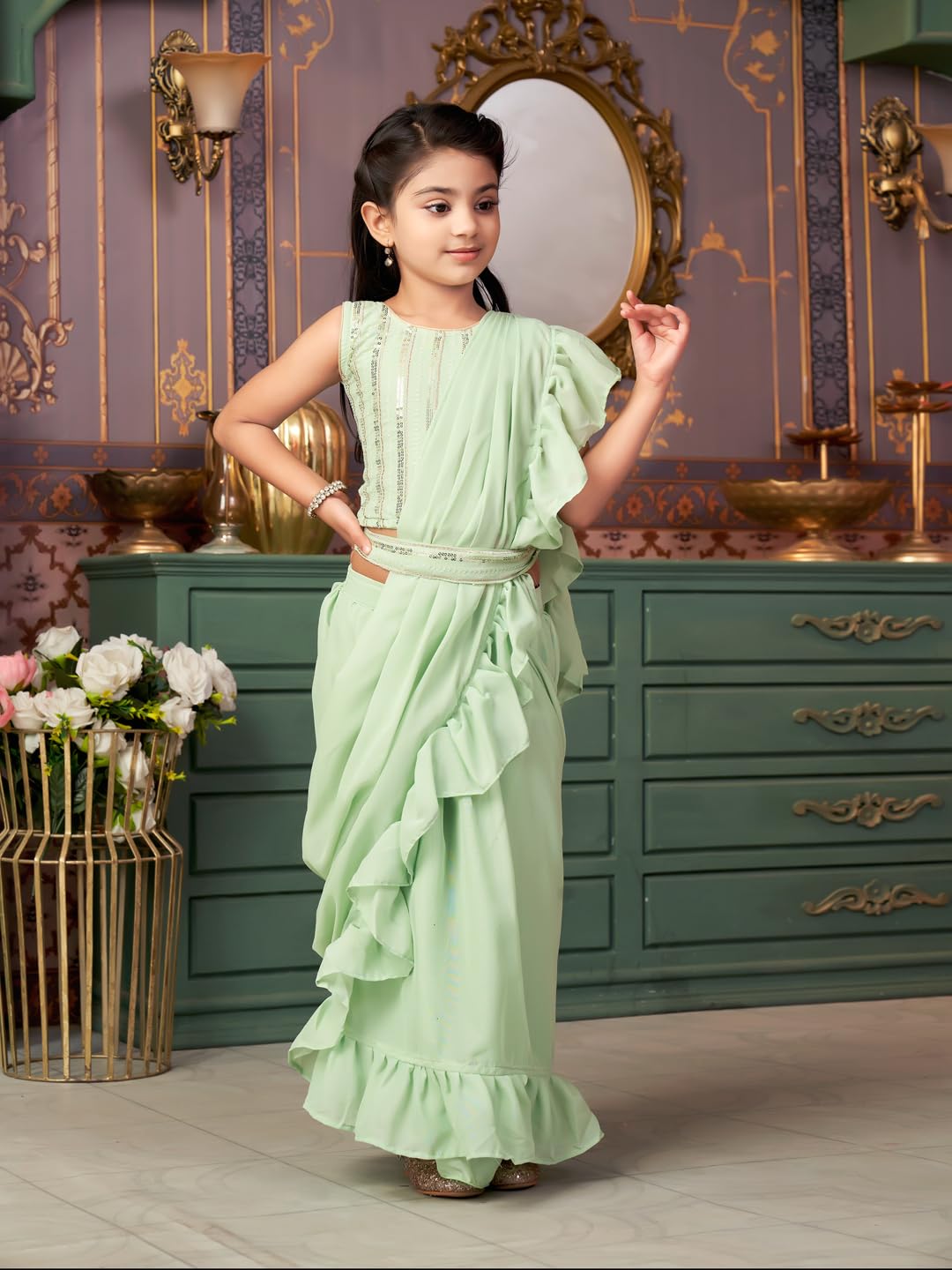 Aarika Girls Ethnic Wear Green Colour Sequin Embroidery Georgette Lehenga Choli Set With Attached Dupatta-4-13 Years (Lch-Shm-5018)