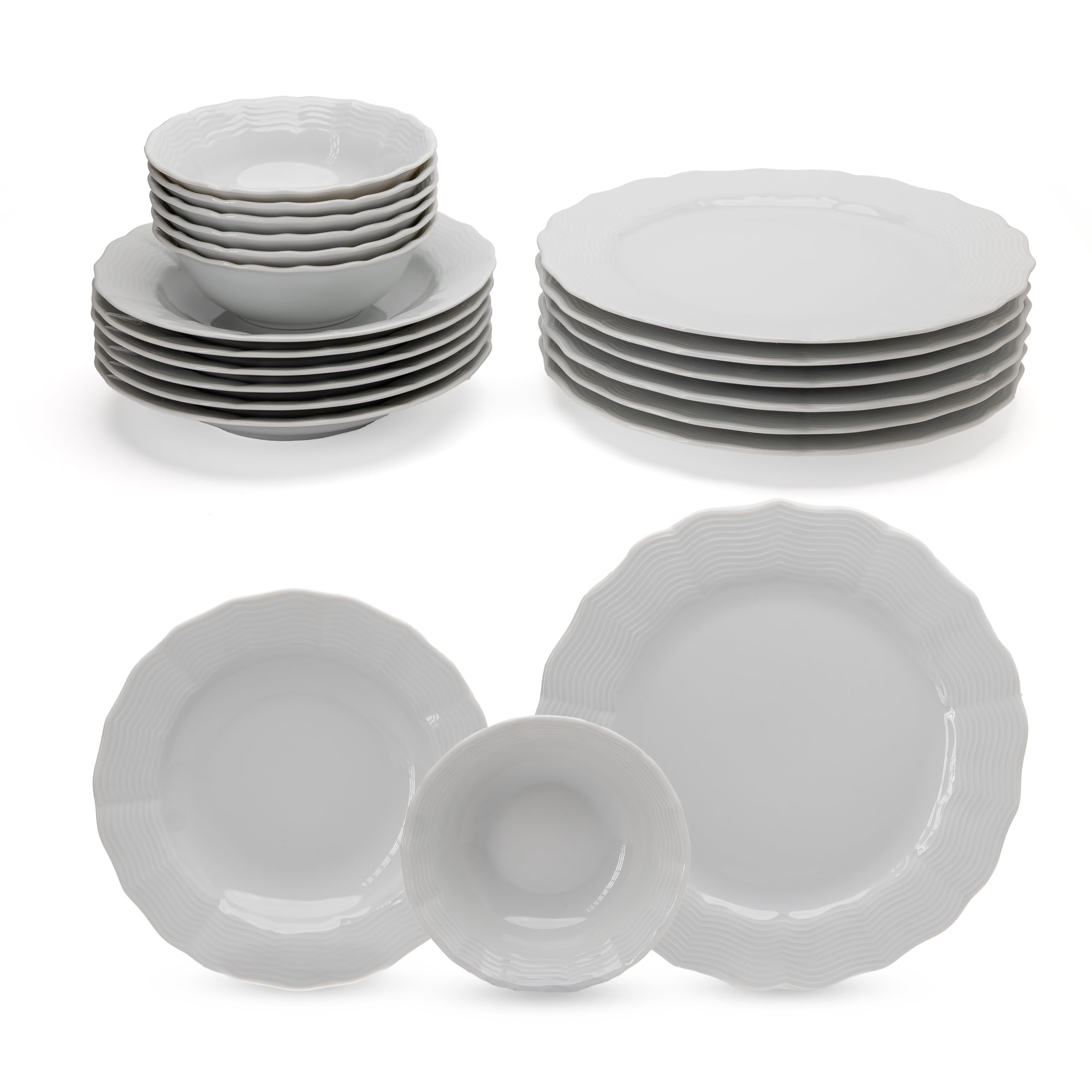 Vajilla de Porcelana Porland Ondulada - Vajilla de 18 Piezas Blanca– completa y elegante para 6 personas