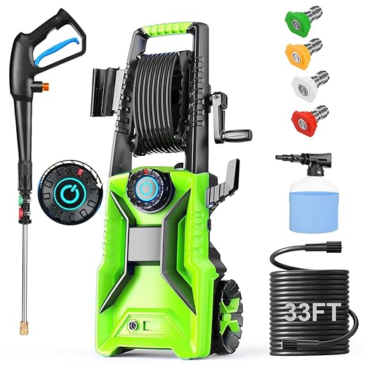 Electric Pressure Washer,5000 PSI 3.9GPM Adjustable Pressure,Power Washer Electric Powered with Foam Cannon,4 Nozzle,33FT Hose and Soap Bottle for Home/Cars/Fences (Green)